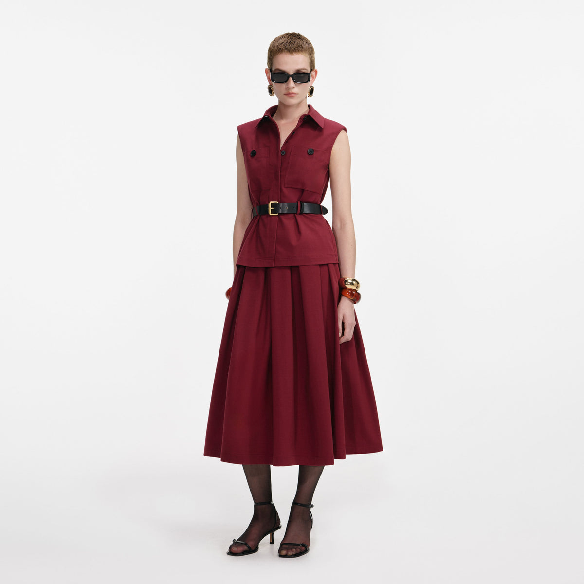 Self-Portrait - Burgundy Twill Belted Midi Dress