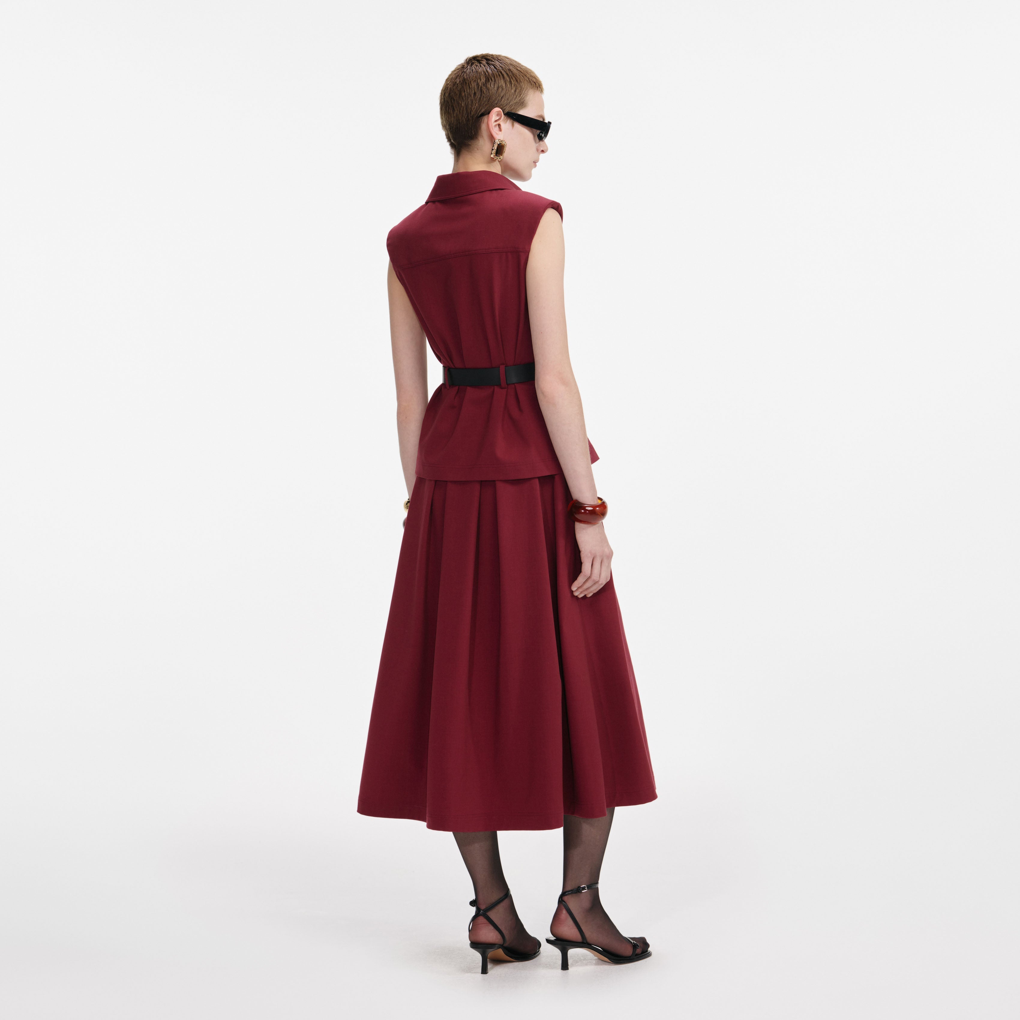 Burgundy Twill Belted Midi Dress