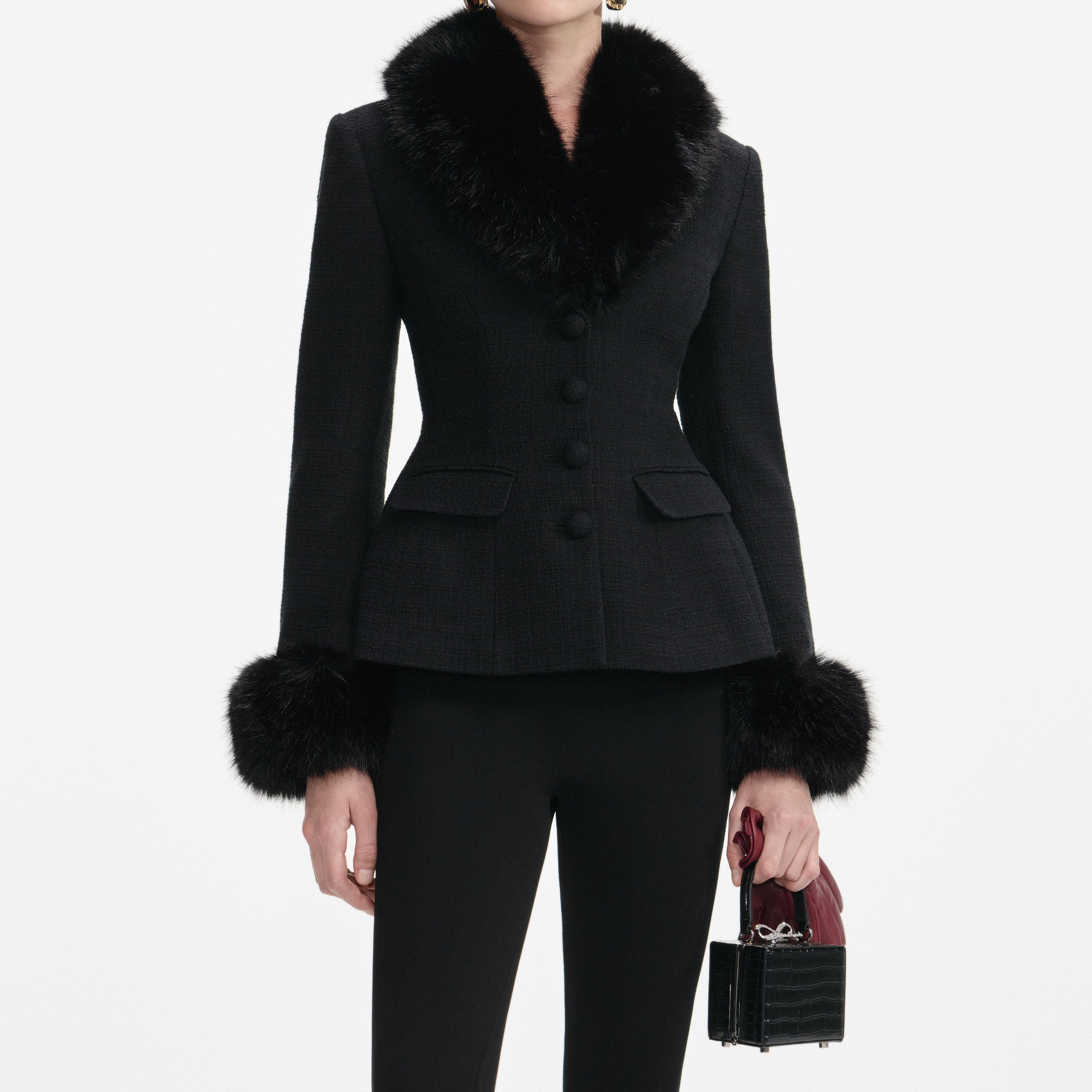 Black Tailored Boucle Fur Jacket