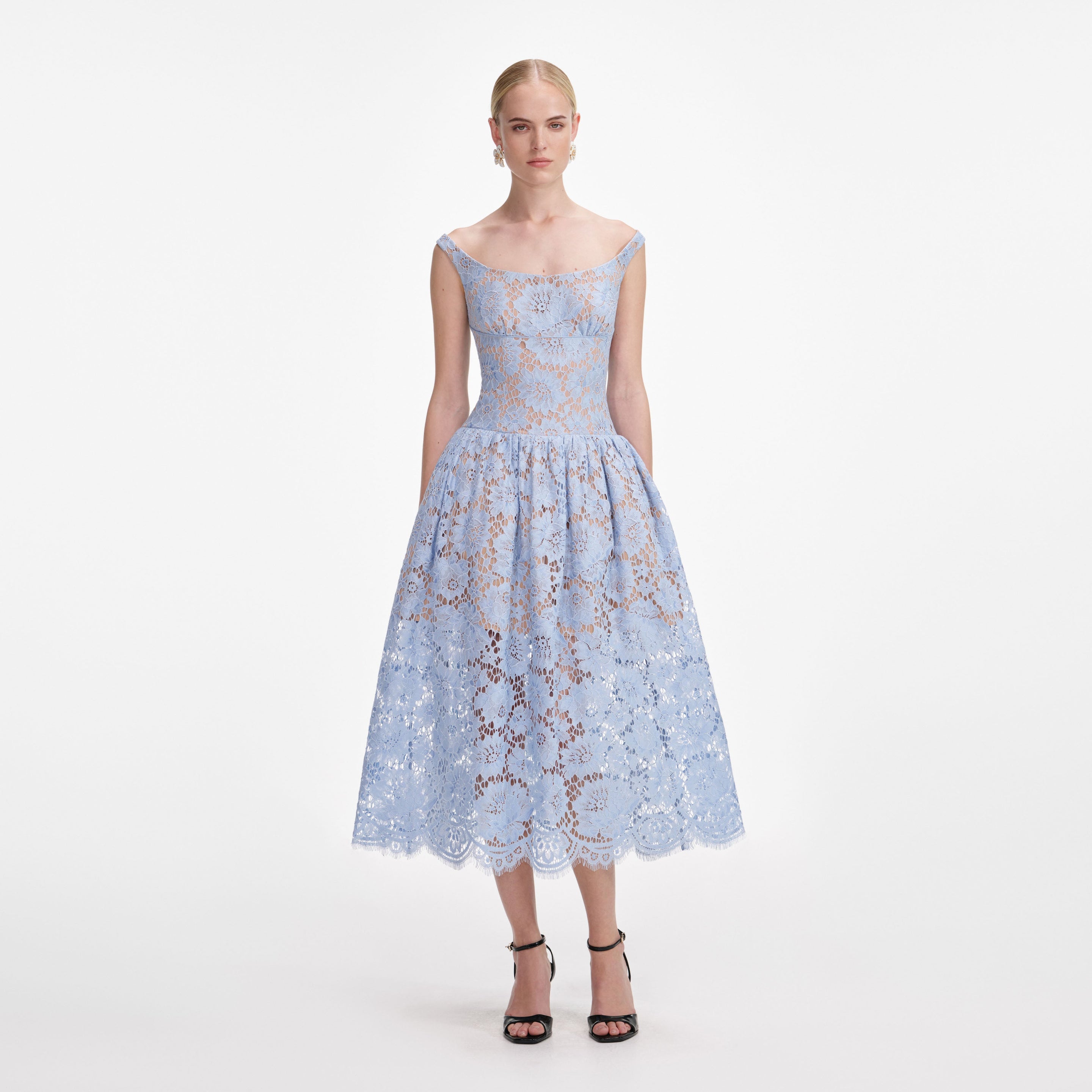 Blue Floral Lace Midi Dress – self-portrait-US