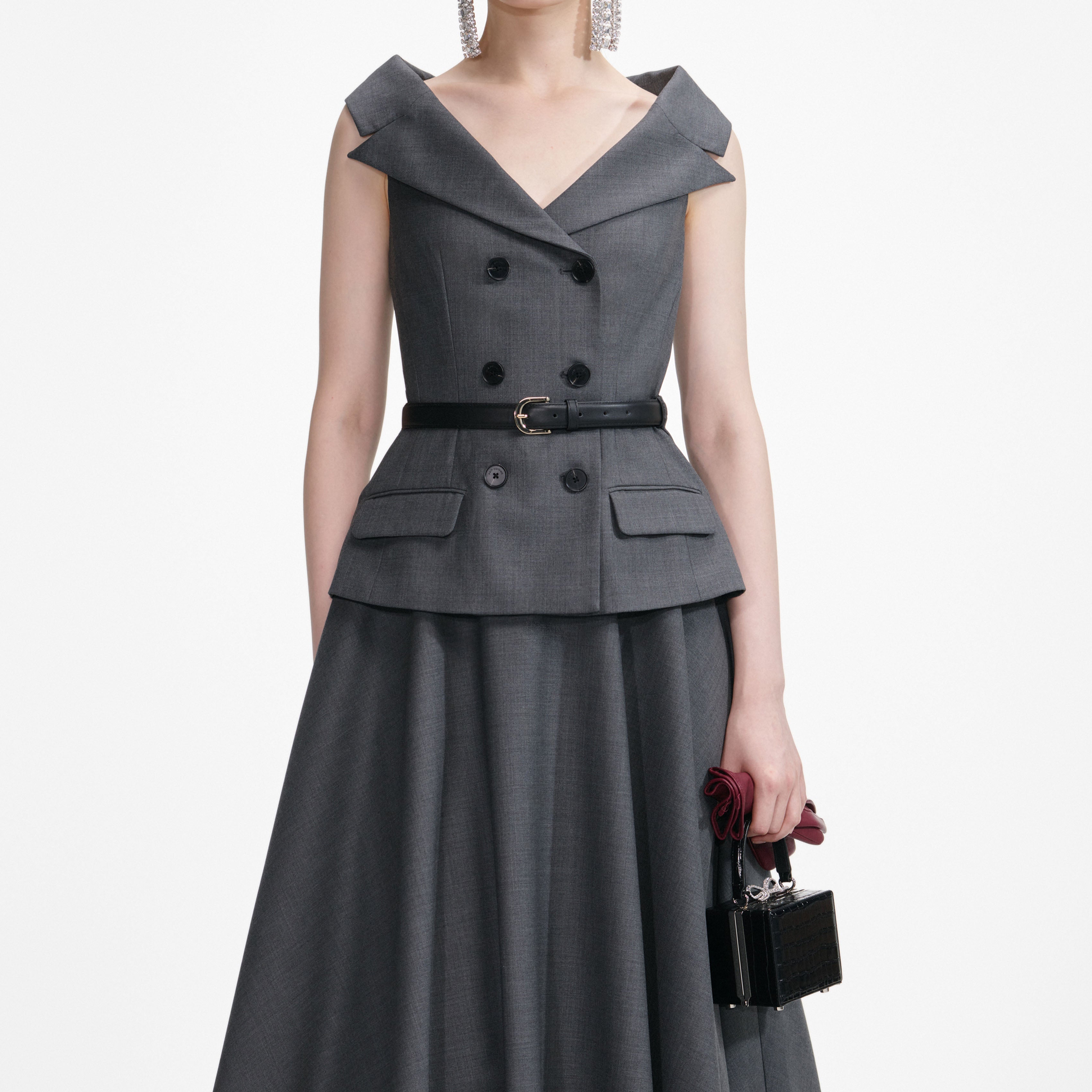 a*u様 self-portrait グレー ウール ミディ　ドレス ワンピース Grey Wool Tailored Midi Dress – self-portrait-US
