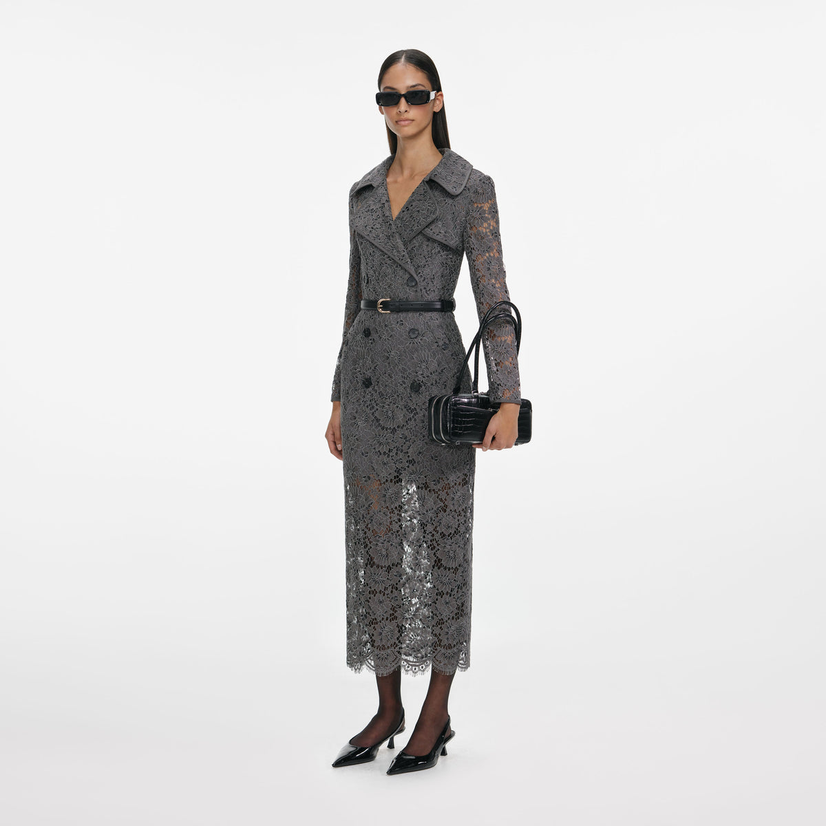 self-portrait - Grey Floral Lace Midi Dress - US 8 self-portrait - Grey Floral Lace Midi Dress - US 8