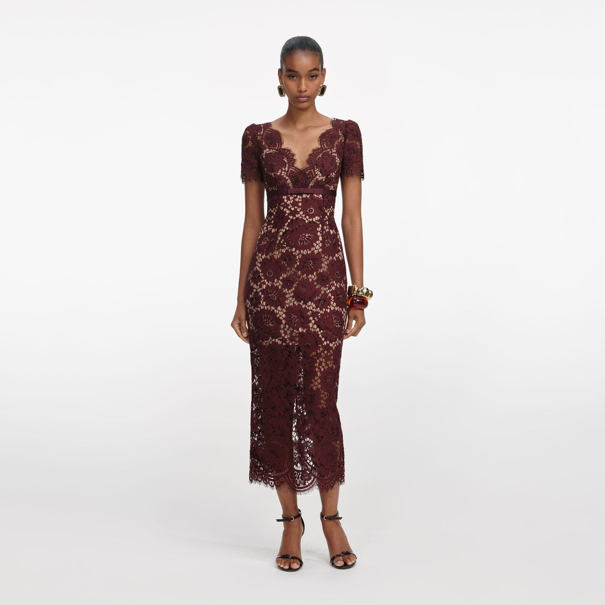 Burgundy Floral Lace Midi Dress – self-portrait-US