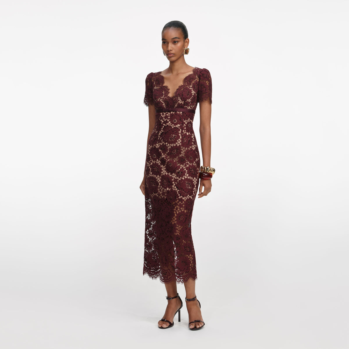 Self-Portrait - Burgundy Floral Lace Midi Dress - US 6 Self-Portrait - Burgundy Floral Lace Midi Dress - US 6
