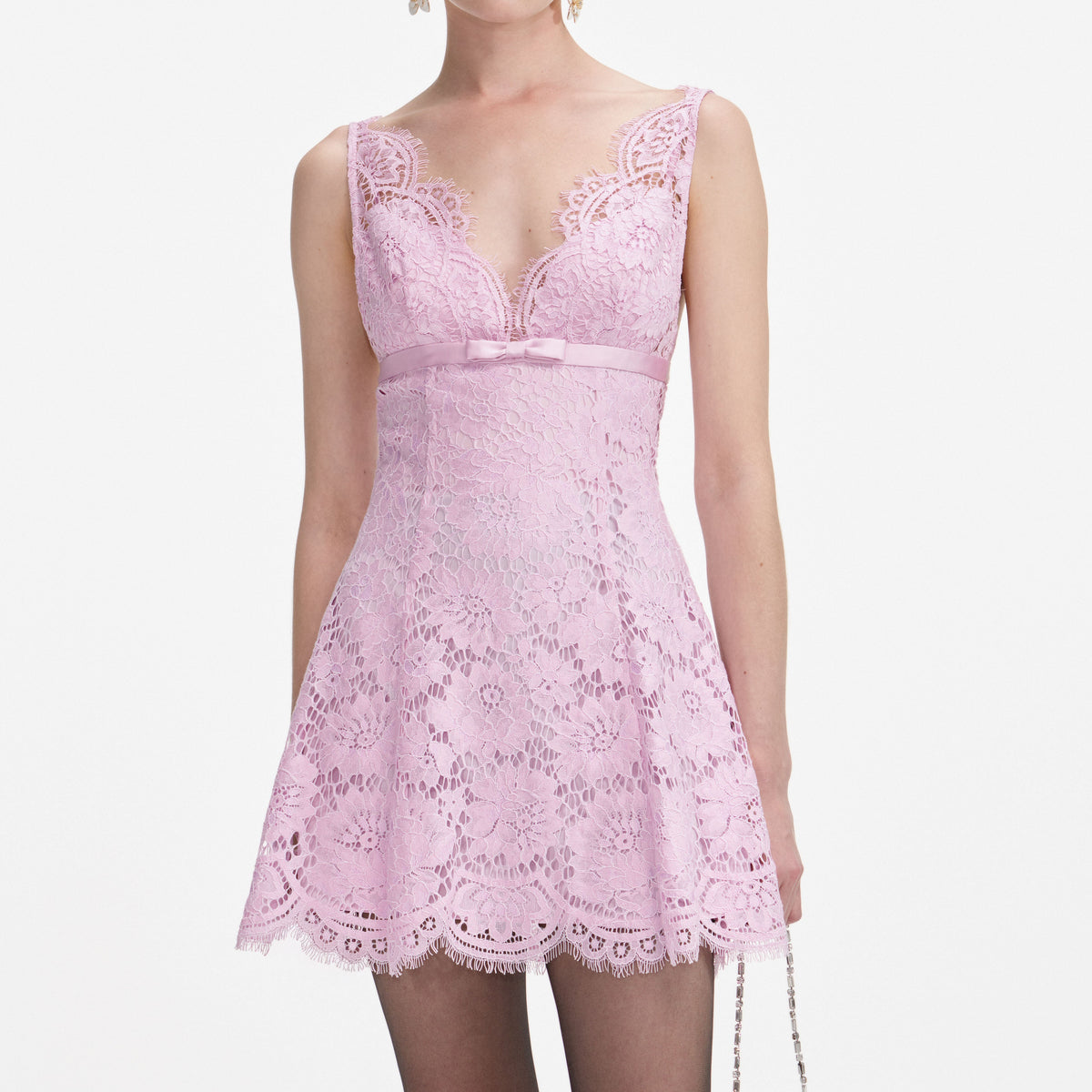 self-portrait - Pink Floral Lace Bow Mini Dress