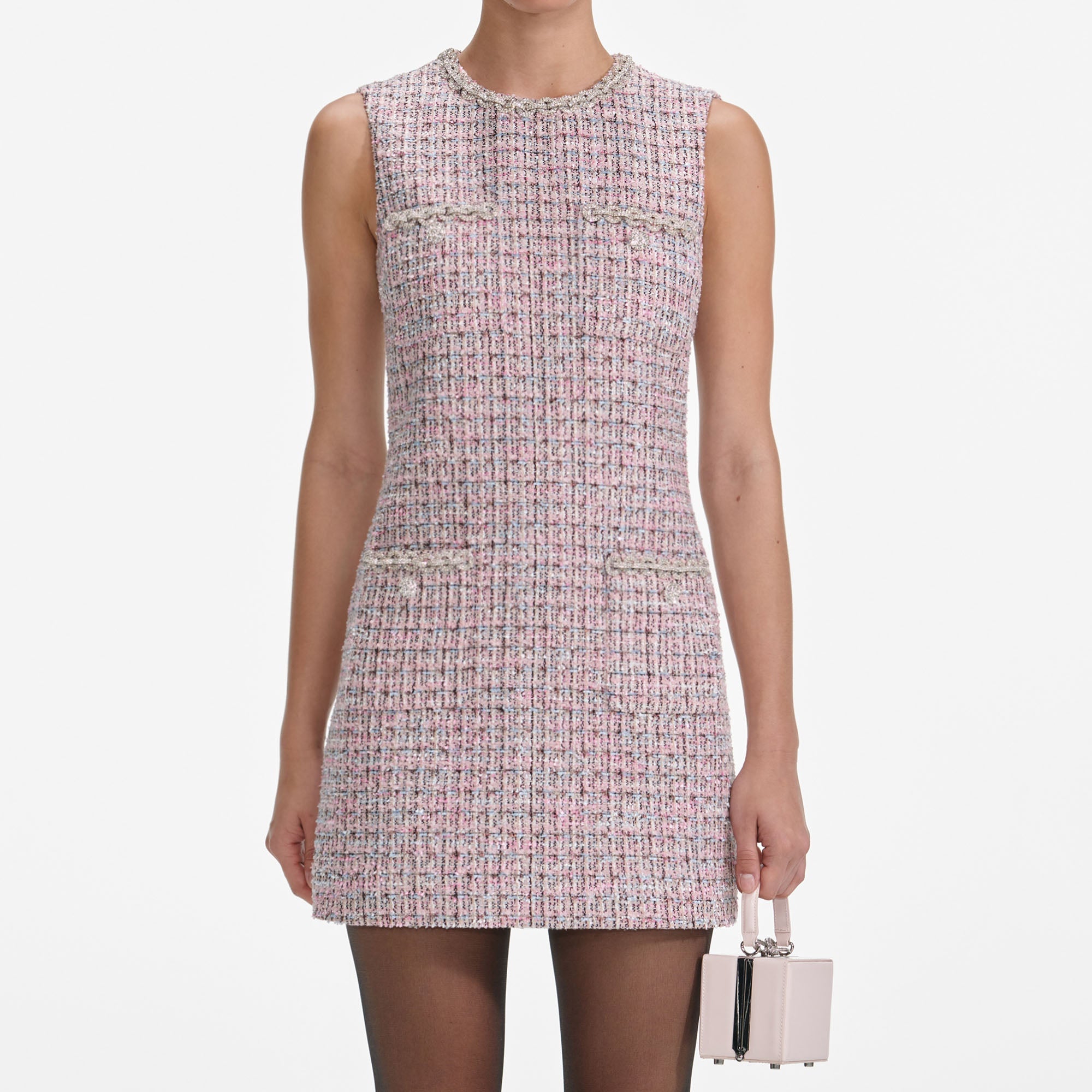 self portrait pink boucle off shoulder mini dress Pink Boucle Sleeveless Shift Mini Dress – self-portrait-US
