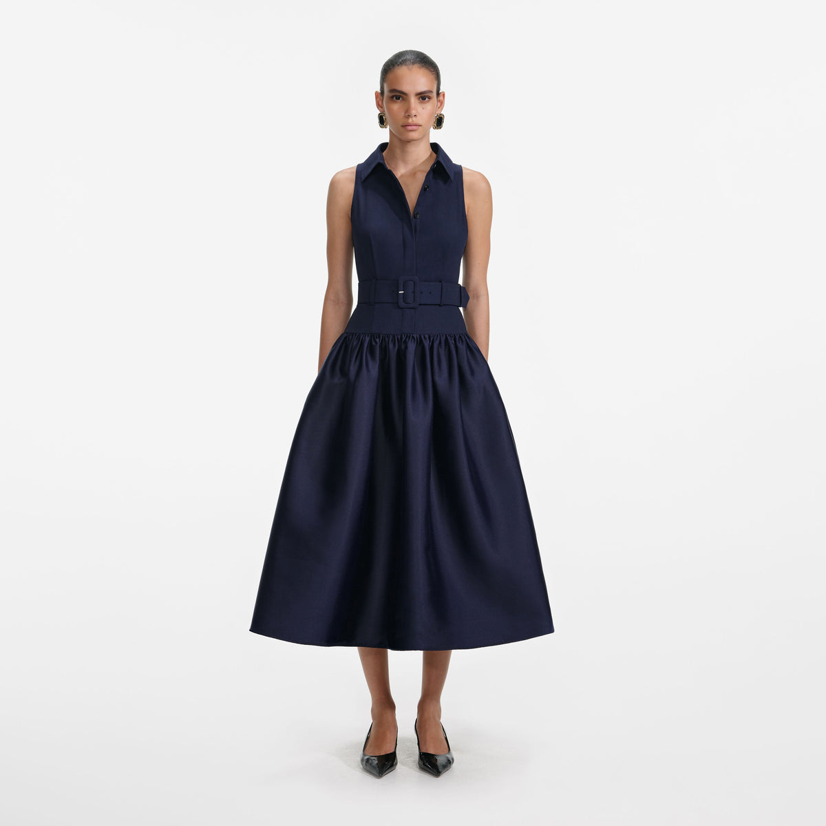 Navy Belted Twill Midi Dress – self-portrait-US
