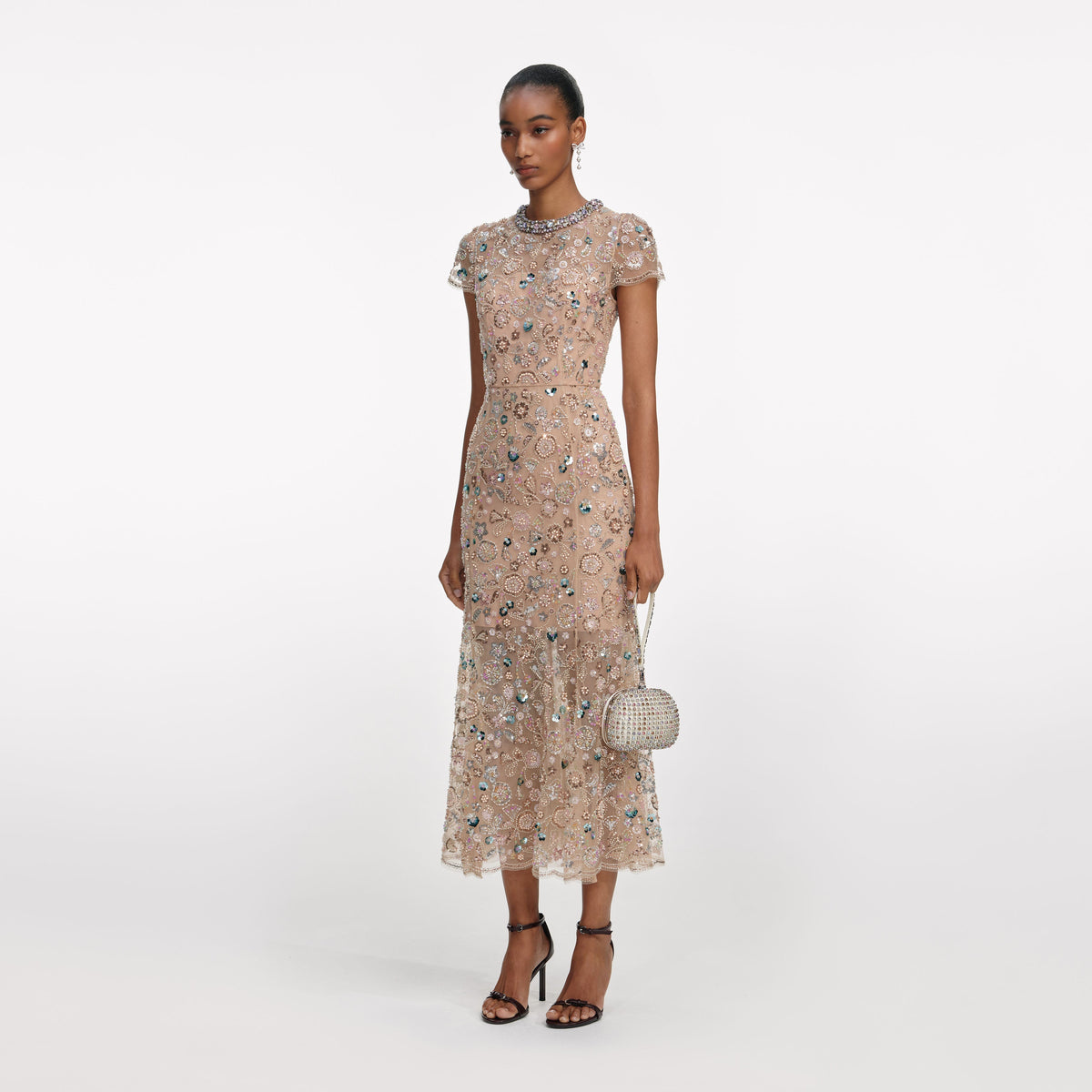 self-portrait - Champagne Sequin Embroidered Midi Dress