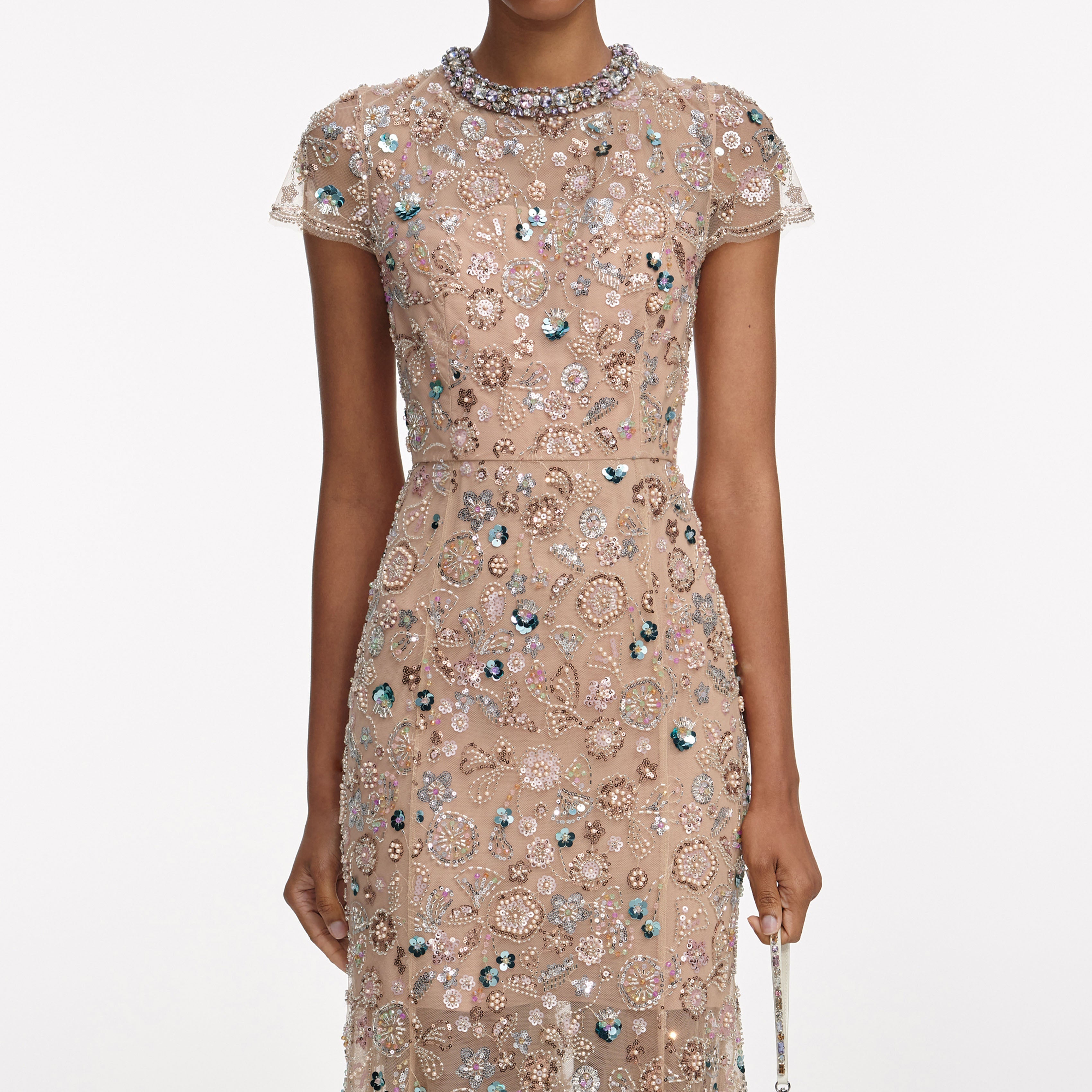 Champagne Sequin Embroidered Midi Dress