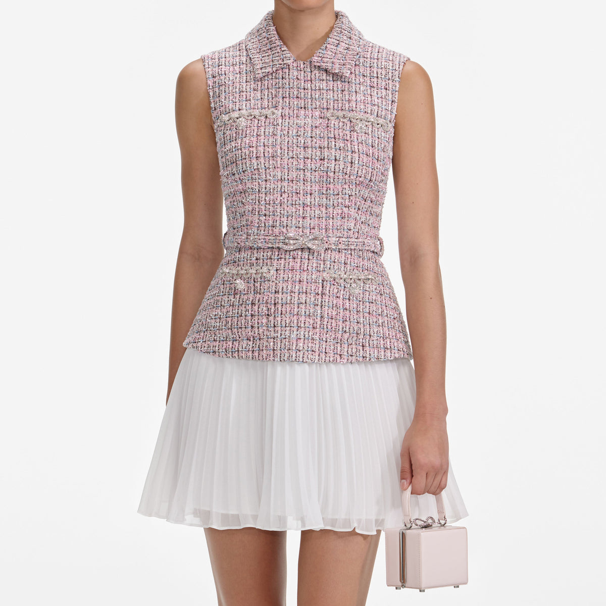 Self-Portrait - Pink Boucle Chiffon Mini Dress - UK 6 Self-Portrait - Pink Boucle Chiffon Mini Dress - UK 6
