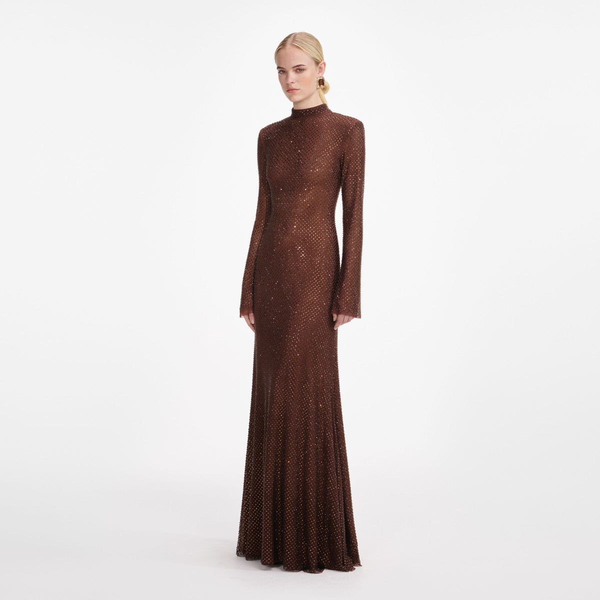 Brown Rhinestone Mesh Maxi Dress – self-portrait-US