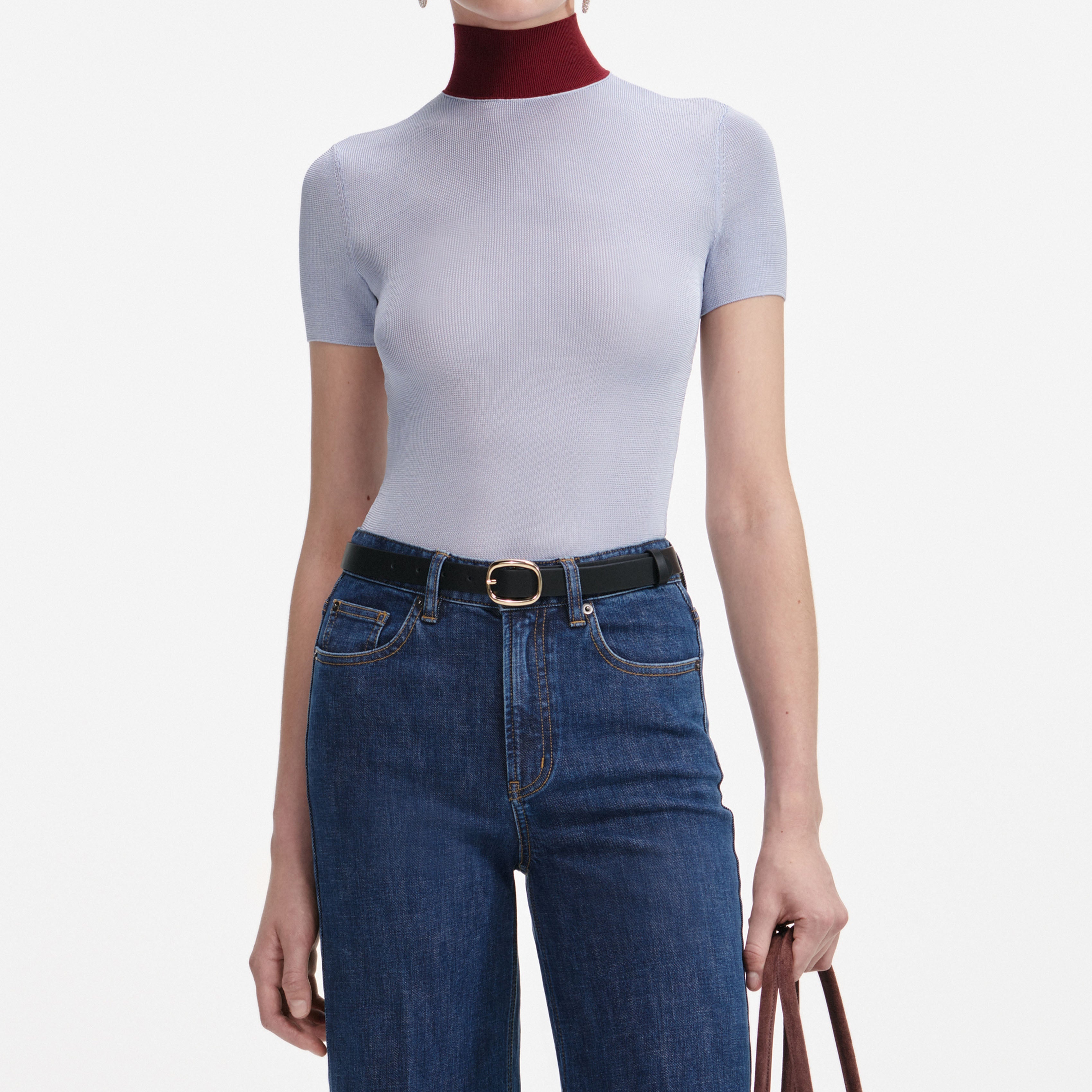 Blue Viscose Knit Short Sleeve Top – self-portrait-US