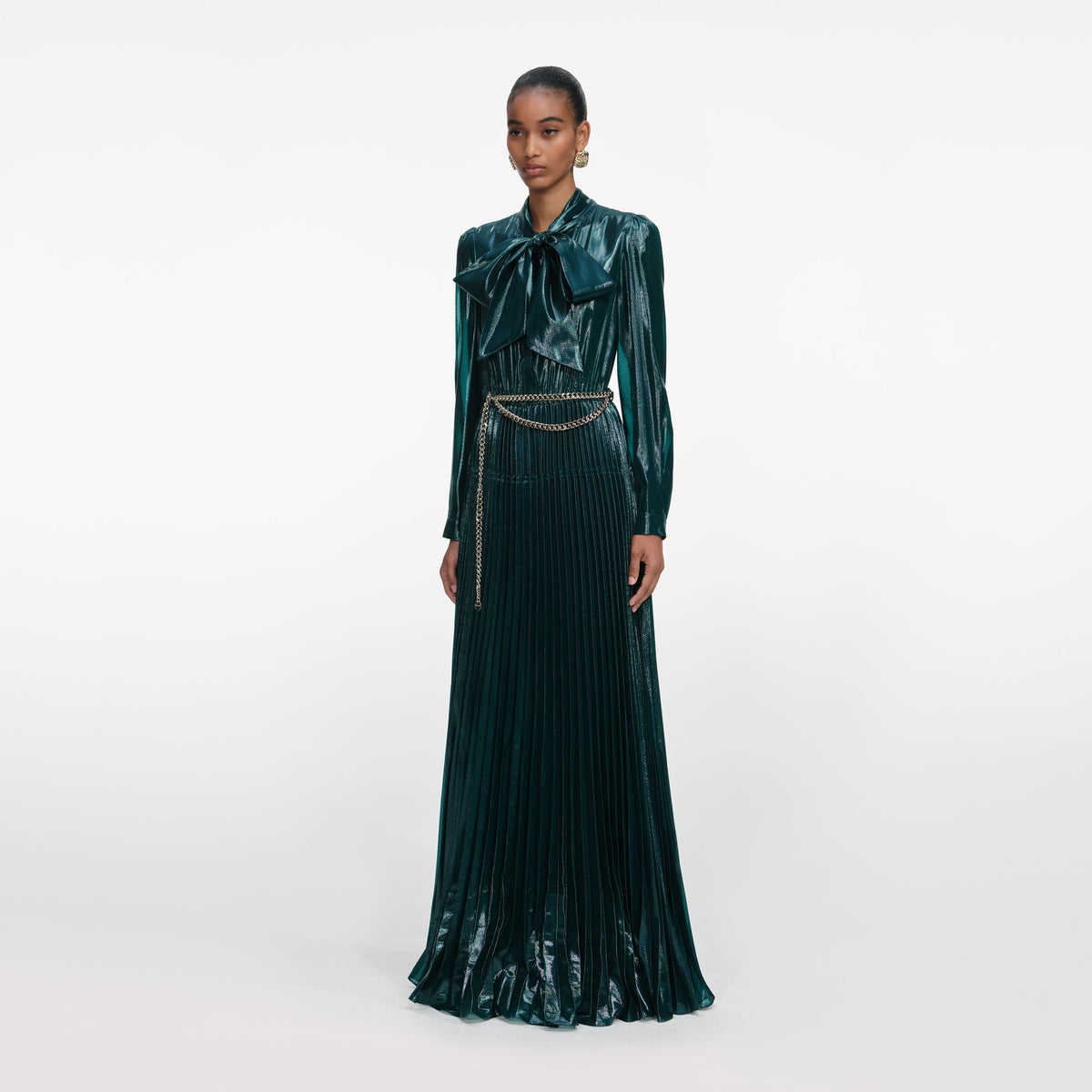 Green Metallic Tie Neck Maxi Dress – self-portrait-US
