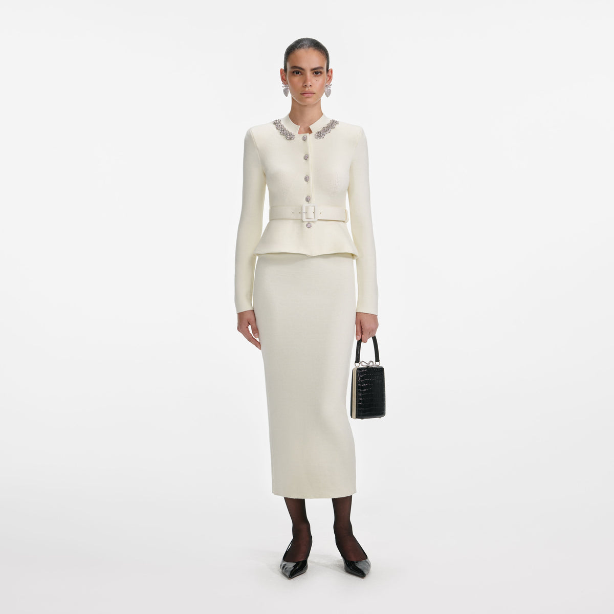 Self-Portrait - Cream Wool Peplum Knit Midi Dress
