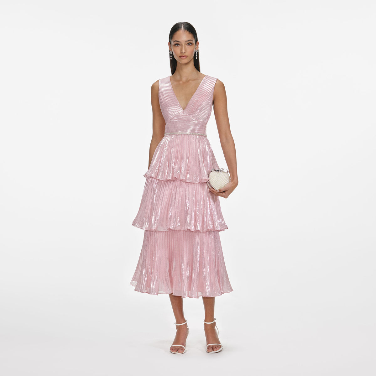 self-portrait - Pink Metallic Tiered Midi Dress - US 12 self-portrait - Pink Metallic Tiered Midi Dress - US 12