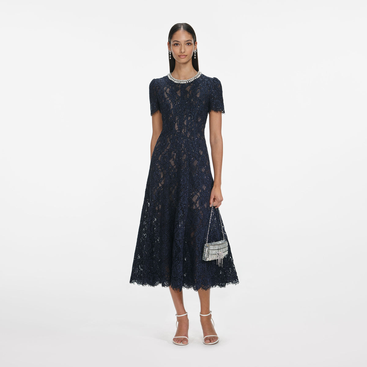 Self-portrait - Navy Lace Embellished Midi Dress