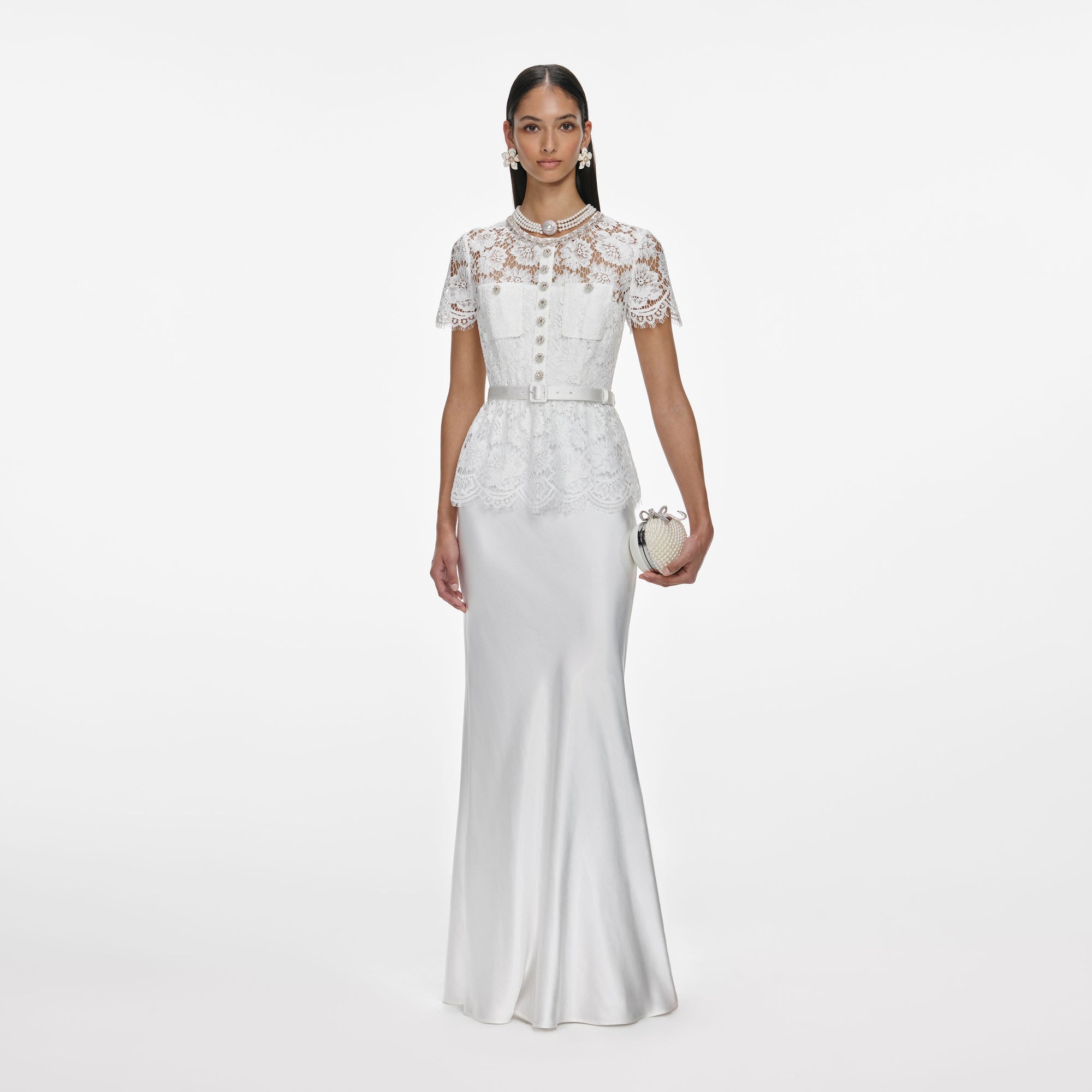 Front view of a woman wearing the White Lace Satin Maxi Dress