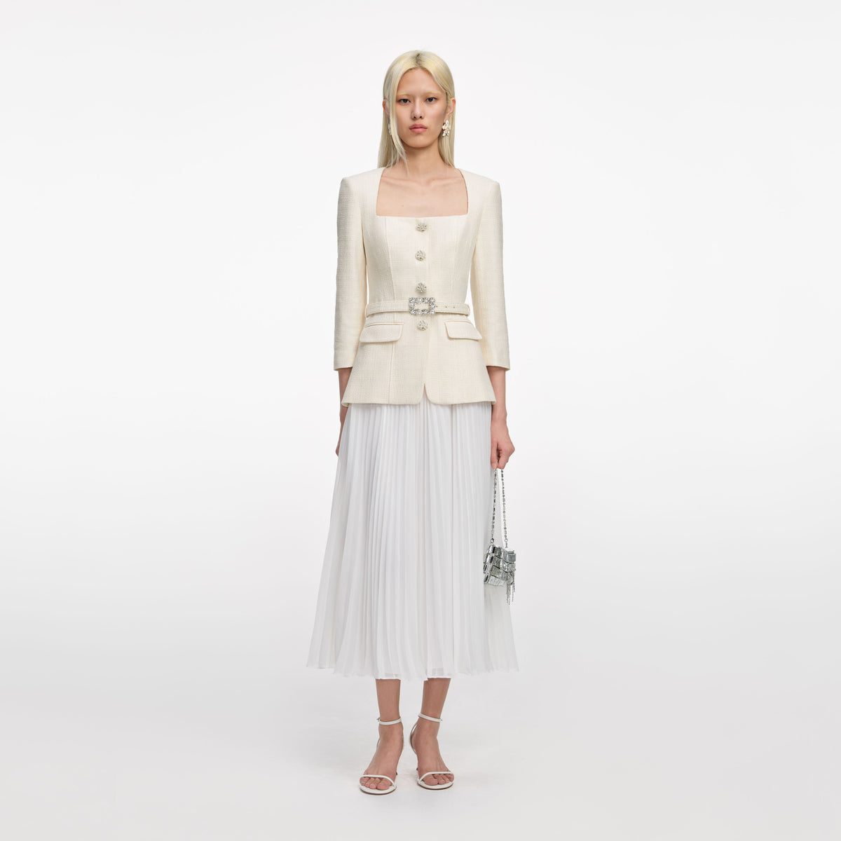 Cream Boucle Long Sleeve Chiffon Midi Dress – self-portrait-US