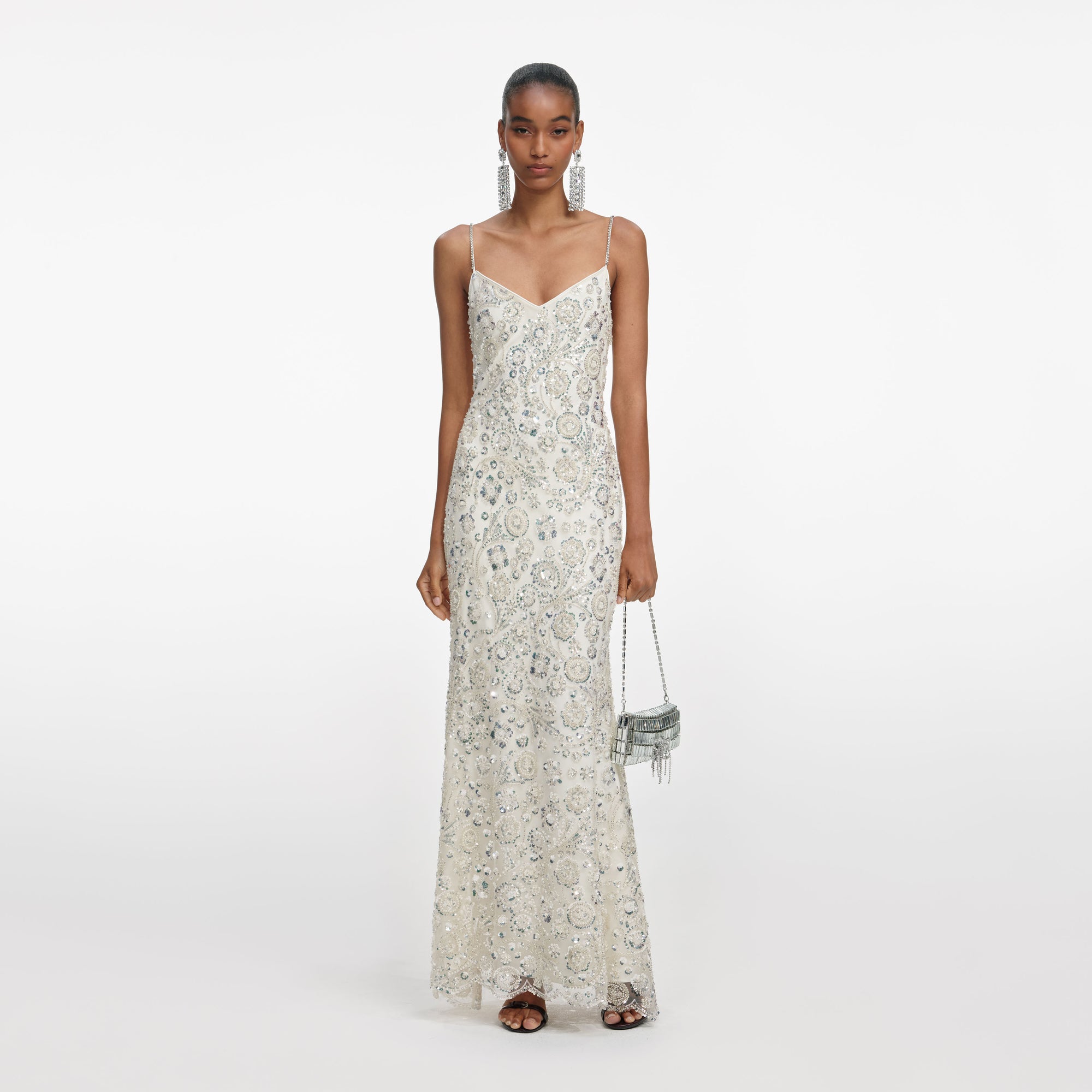 Cream Floral Sequin Maxi Dress