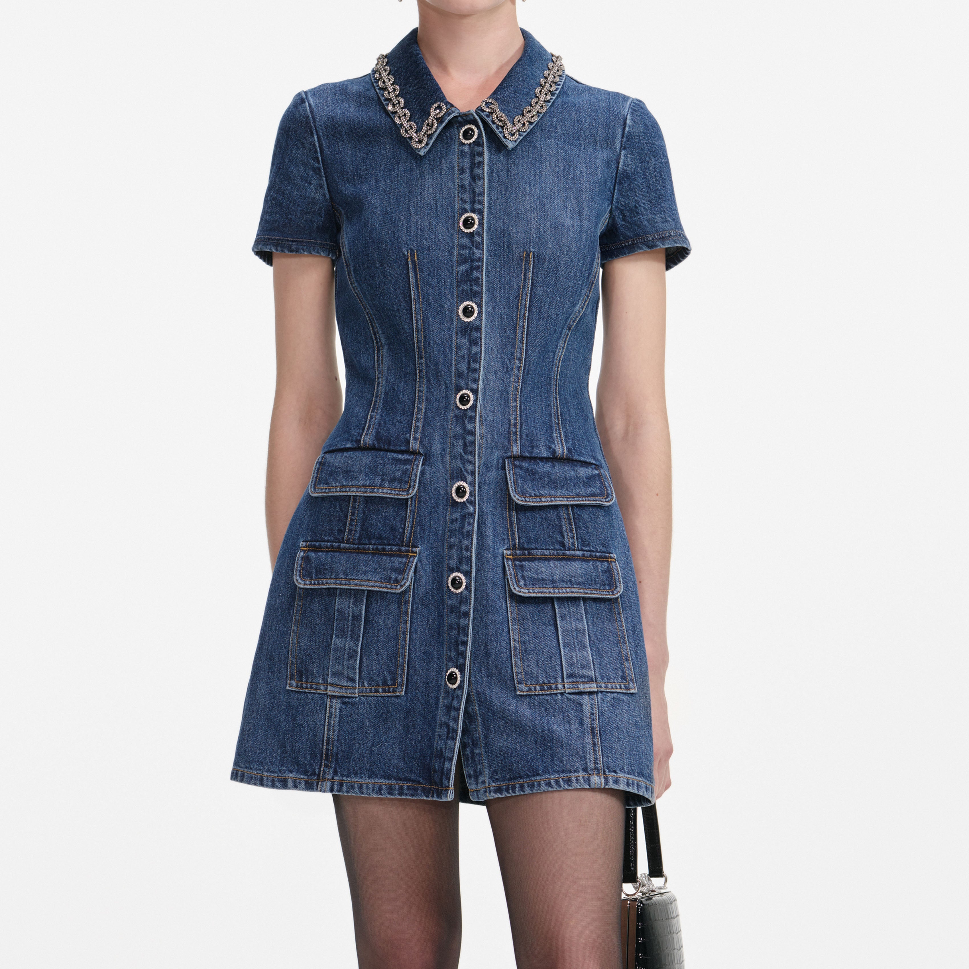 Denim Crystal Trim Collared Mini Dress – self-portrait-US
