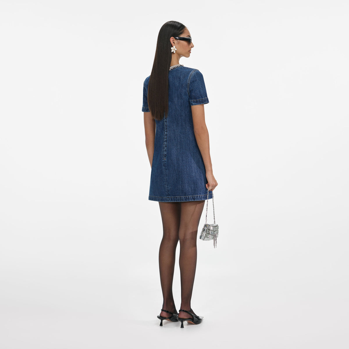 white christmas dresses Denim Crystal Trim Collared Mini Dress – self-portrait-US main image 1