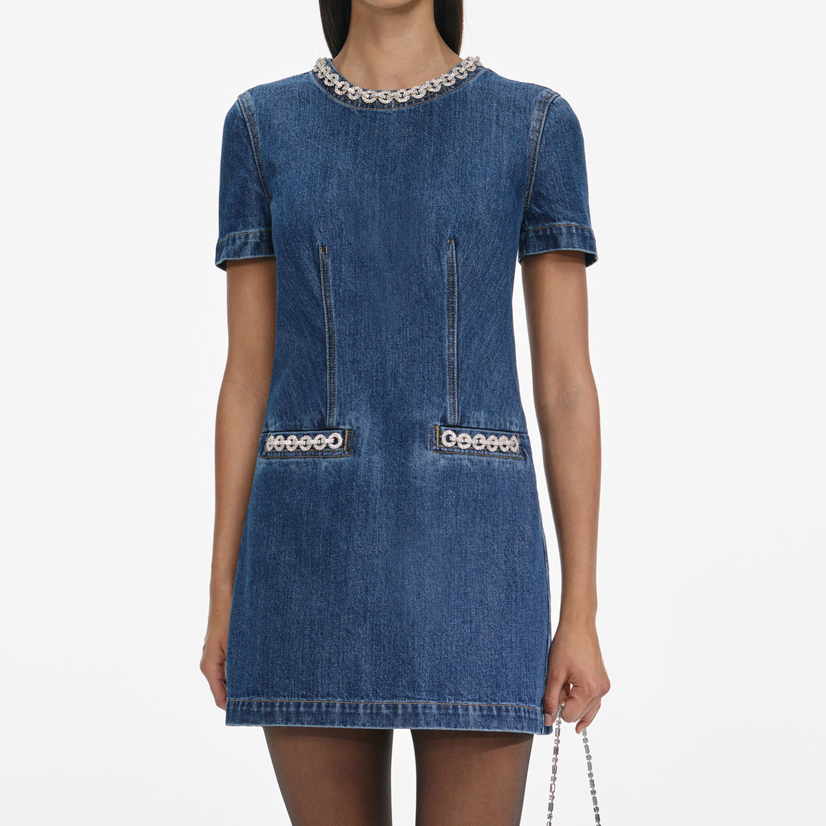 self-portrait square rhinestone denim mini dress Self-Portrait Embellished Denim Mini Dress
