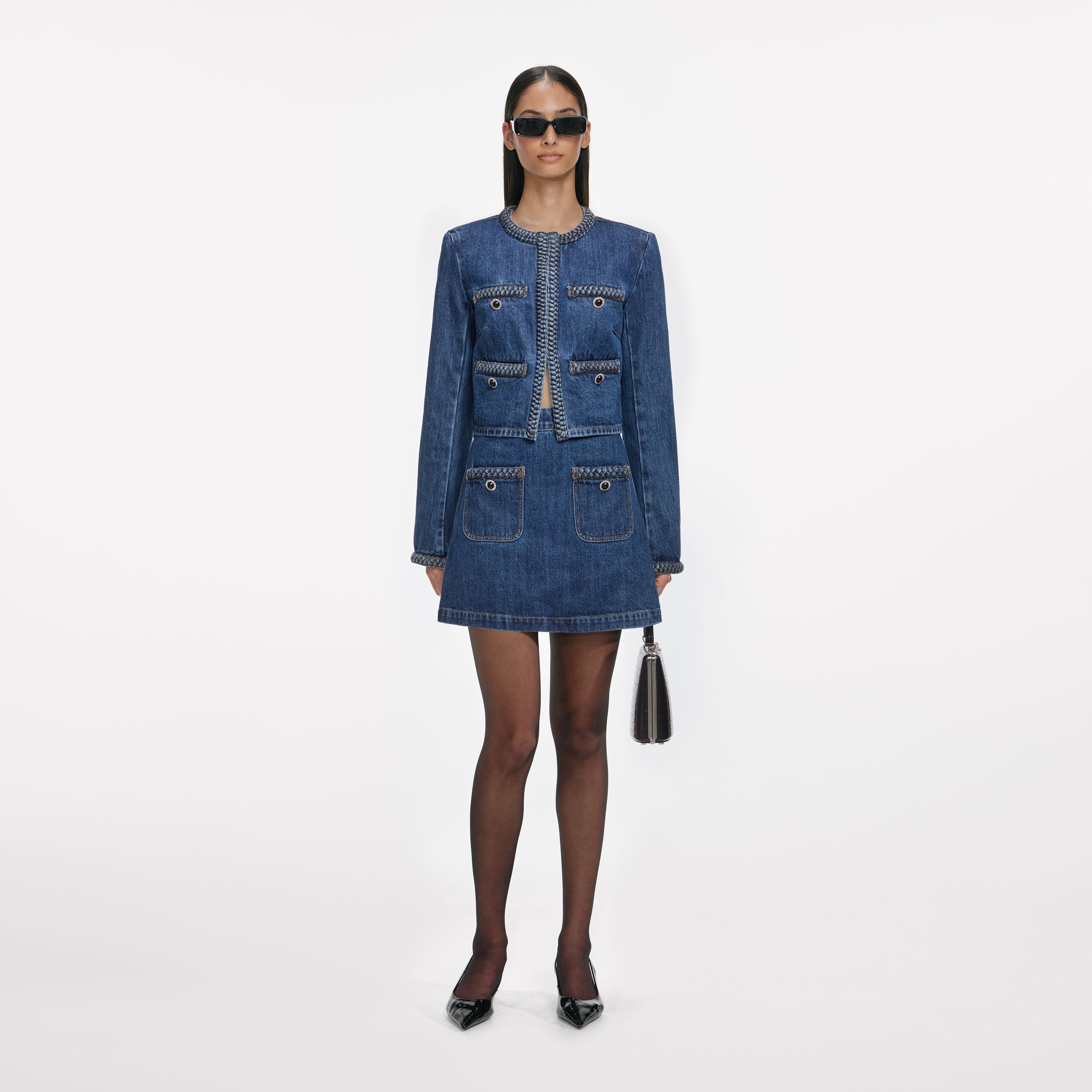 【大人気】SELF PORTRAIT フレア インディゴデニムドレス Diamante Denim Flared Mini Dress – self-portrait-US