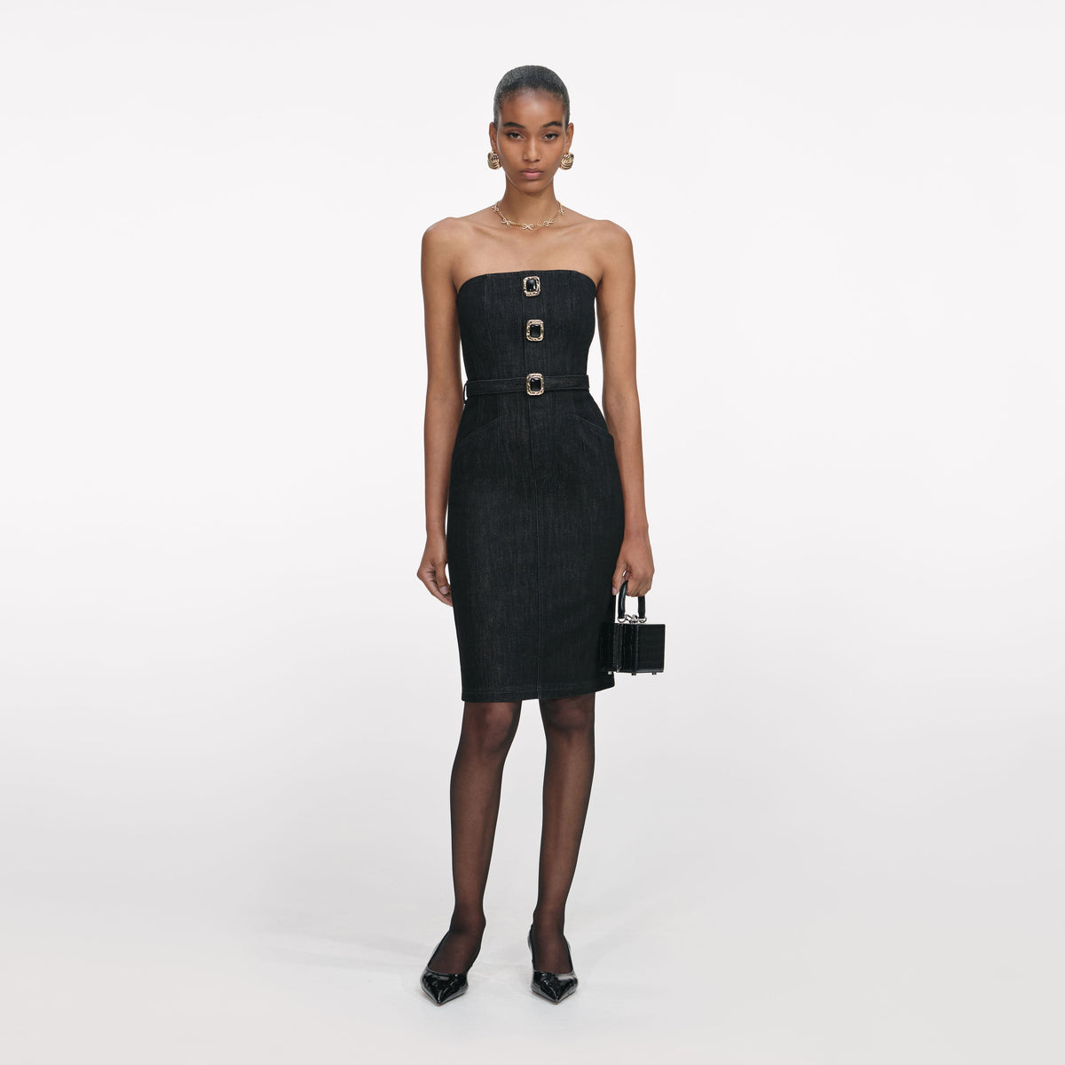 Black Denim Bandeau Midi Dress – self-portrait-US