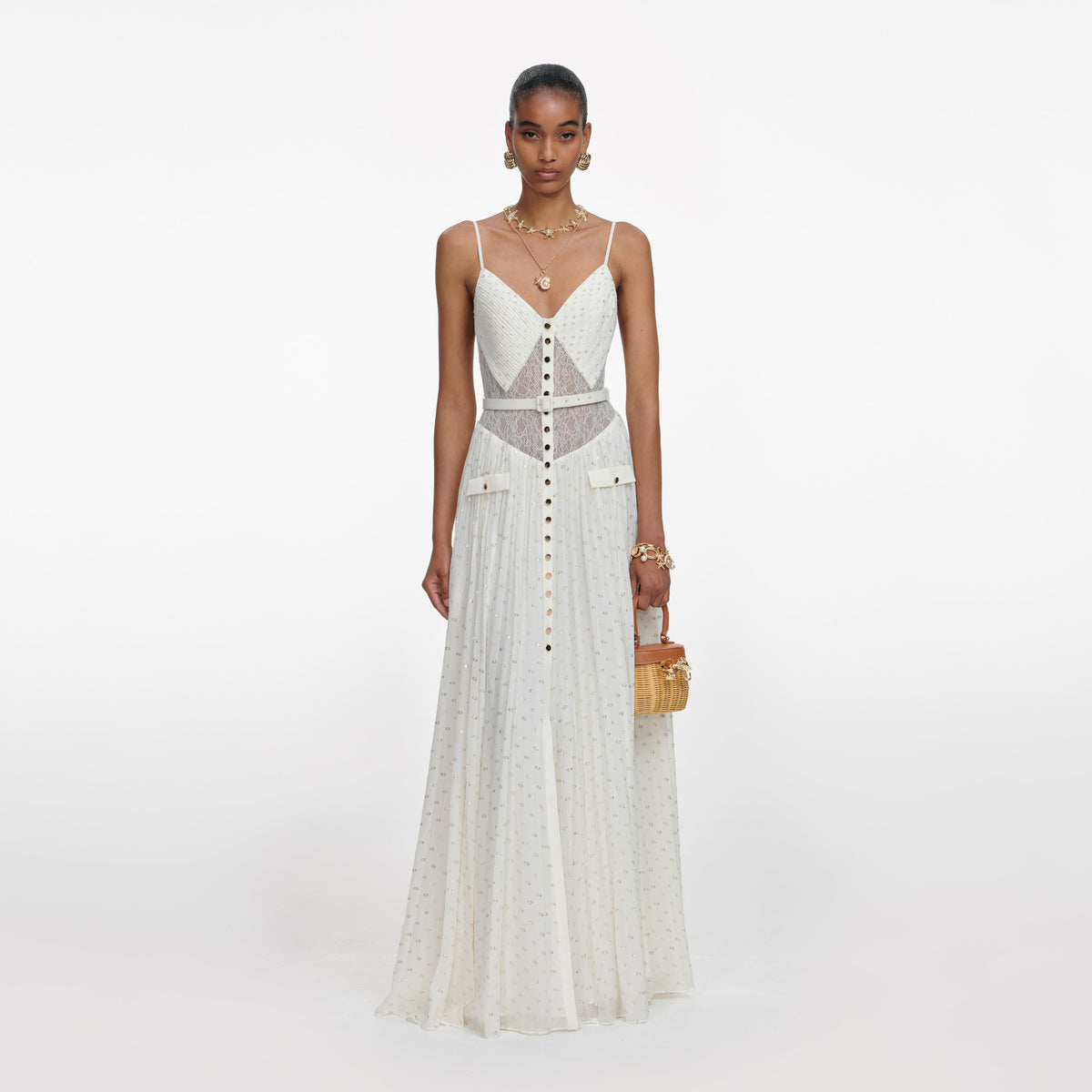 Cream And Gold Chiffon Maxi Dress  self-portrait-US