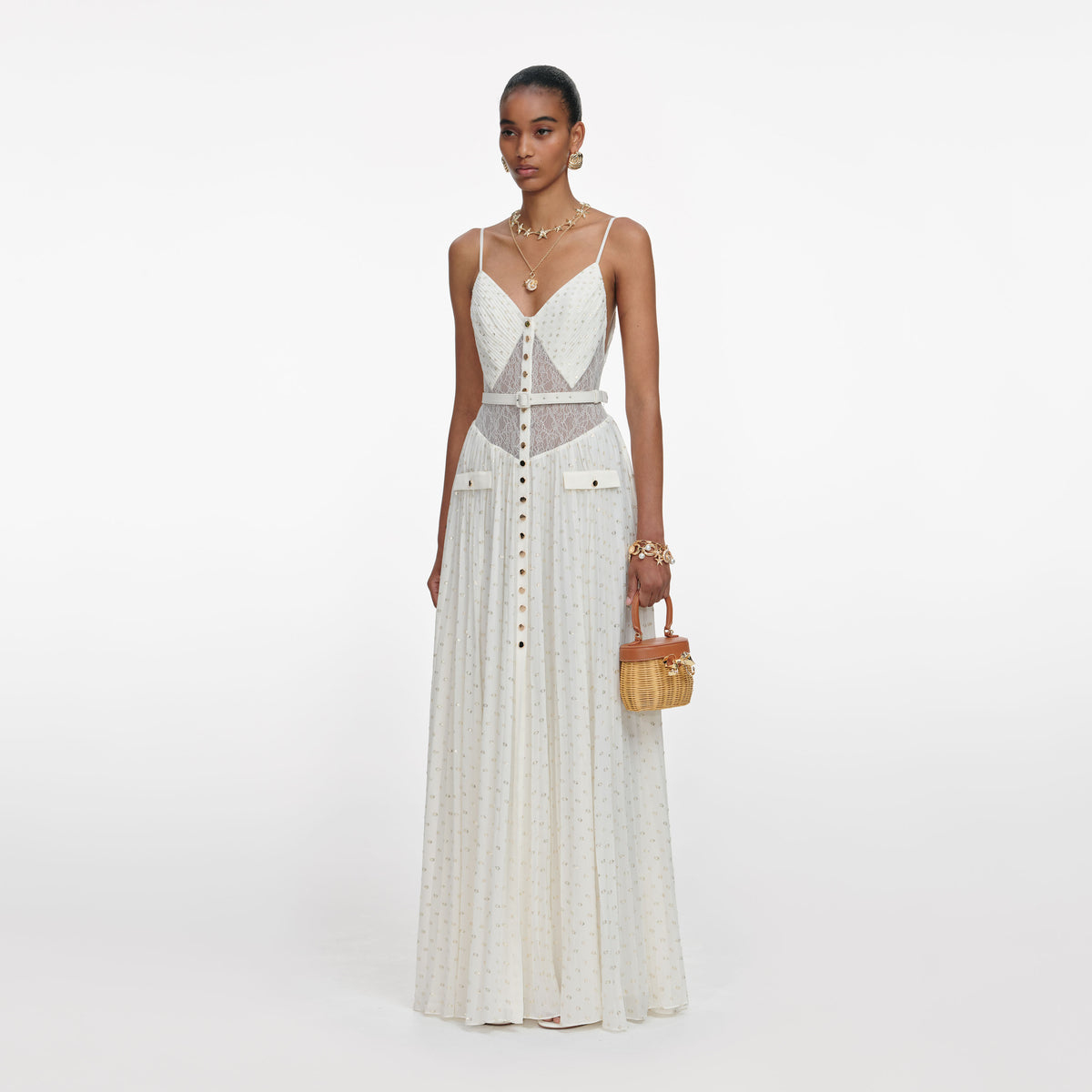 Cream And Gold Chiffon Maxi Dress  self-portrait-US