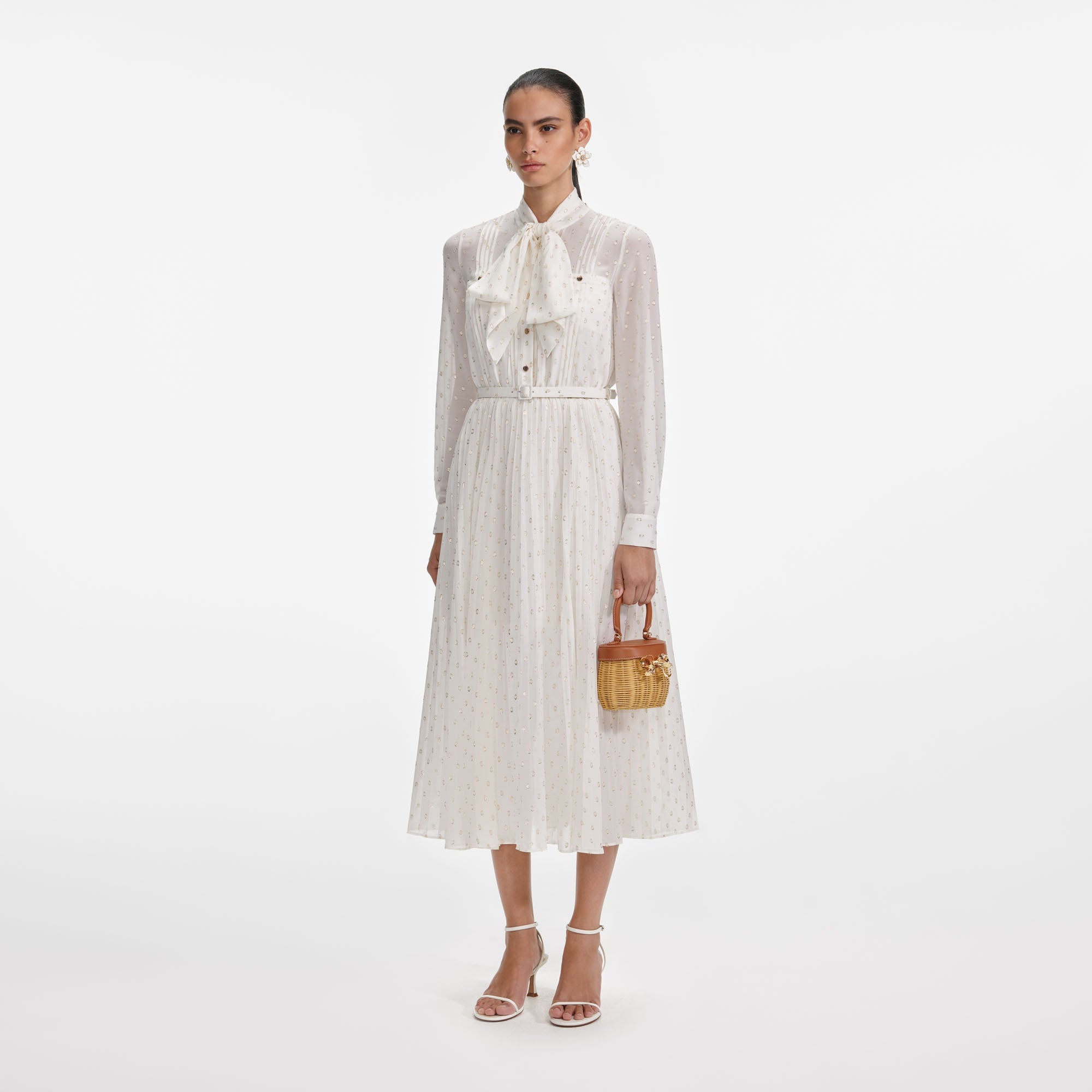 Cream And Gold Tie Neck Midi Dress – self-portrait-US