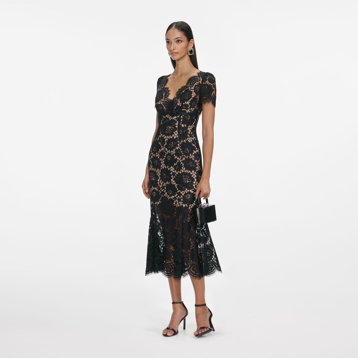Self-Portrait - Black Floral Lace Midi Dress