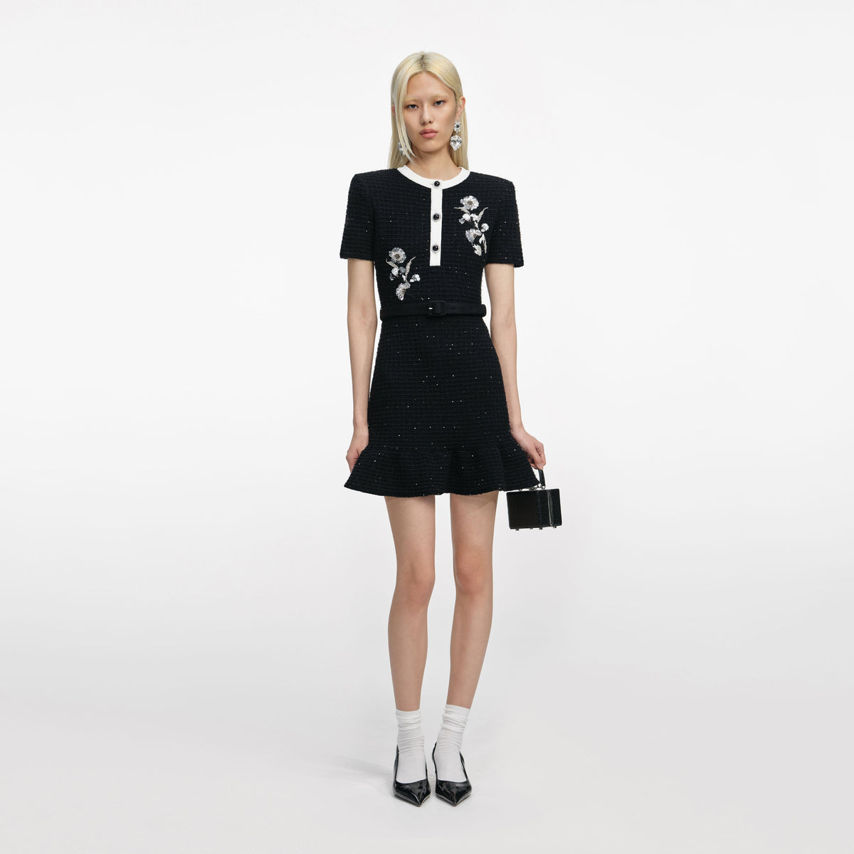 self-portrait - Black Floral Textured Knit Mini Dress - XS self-portrait - Black Floral Textured Knit Mini Dress - XS