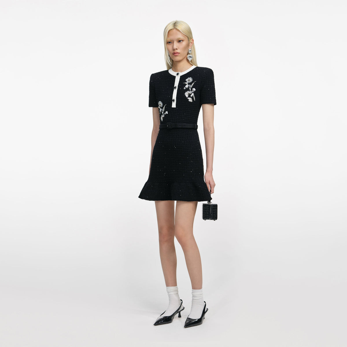 self-portrait - Black Floral Textured Knit Mini Dress - XS self-portrait - Black Floral Textured Knit Mini Dress - XS