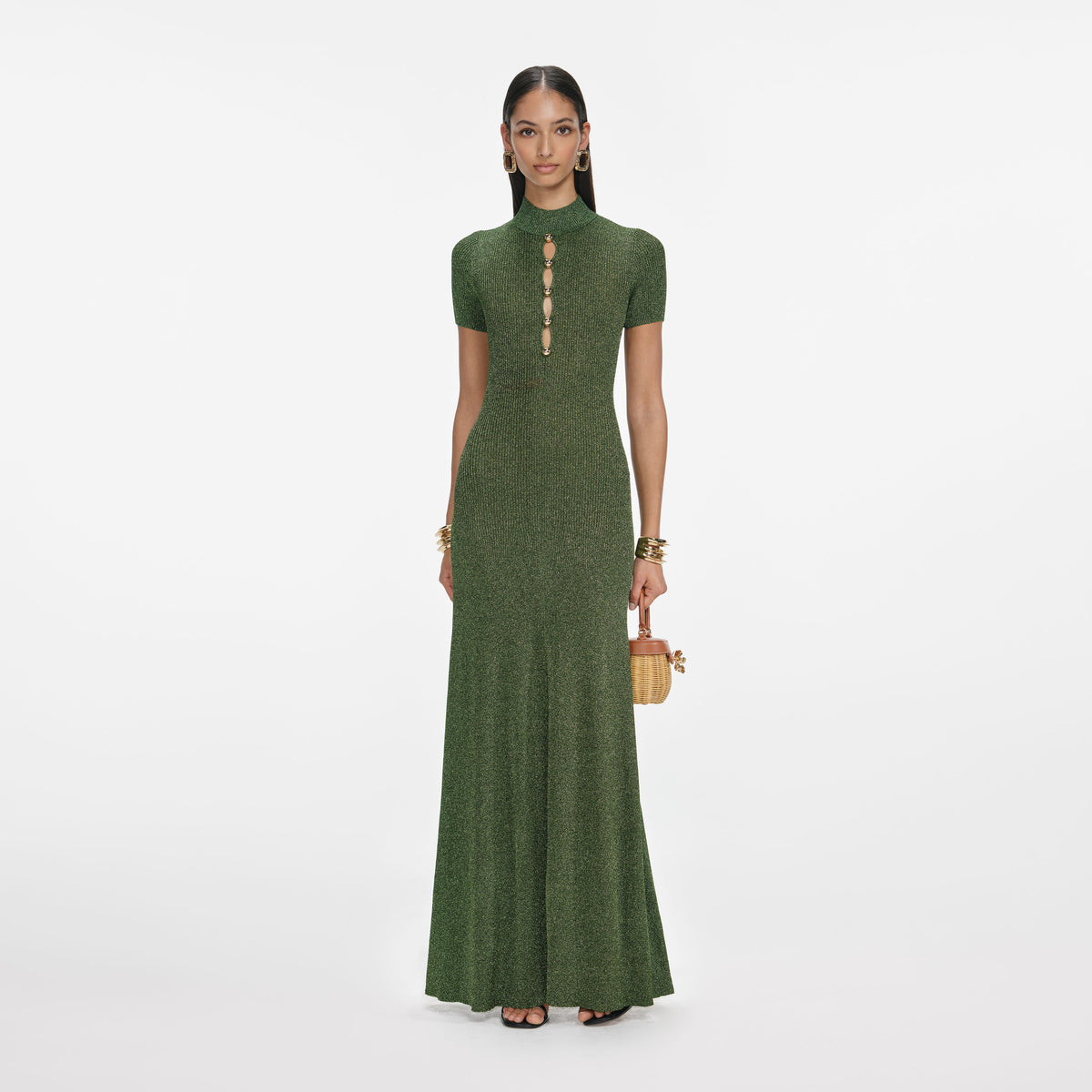 Self-Portrait - Khaki Lurex Knit Maxi Dress