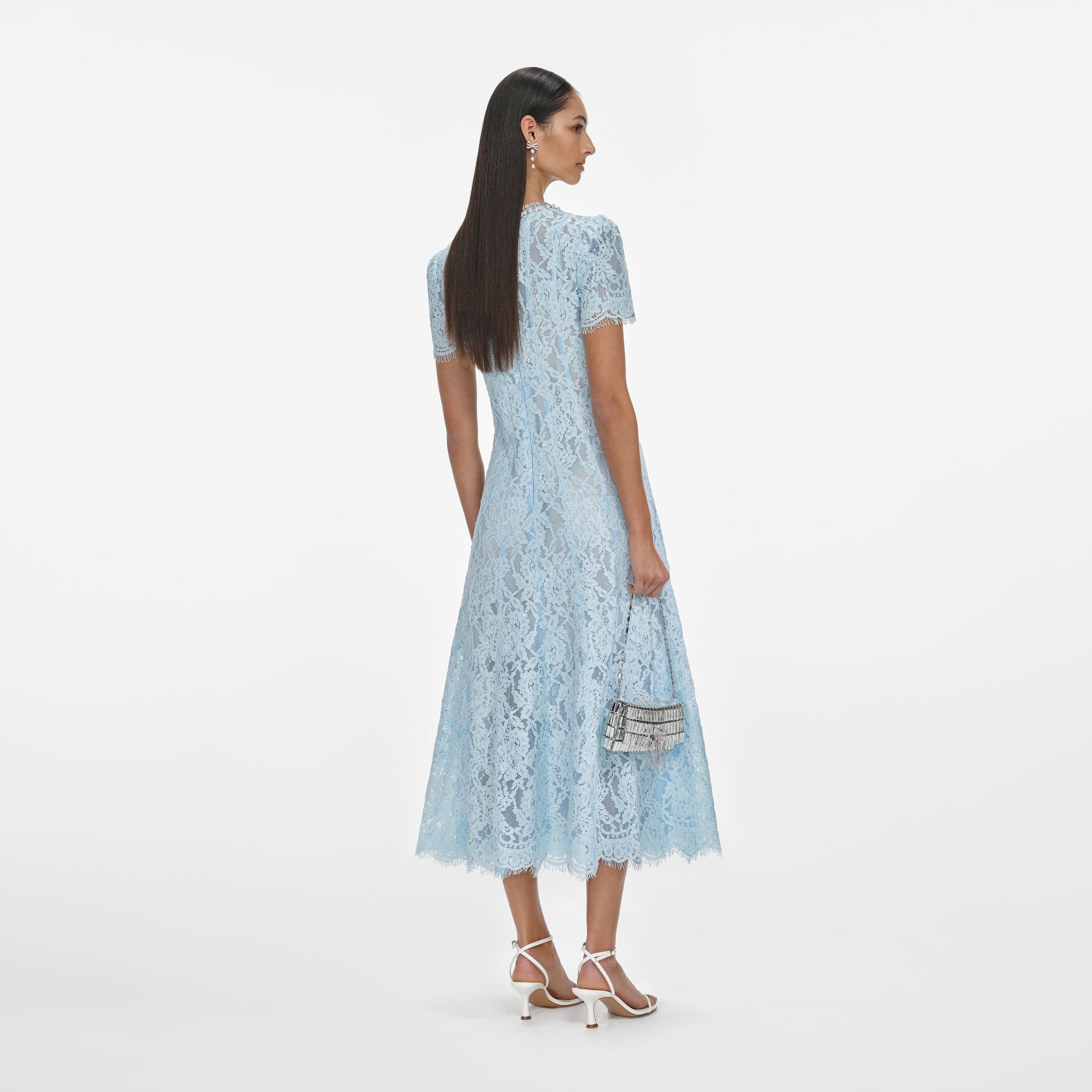 Lace Midi Dress with Button-Down Front and Belted Waist - Blue main image 1