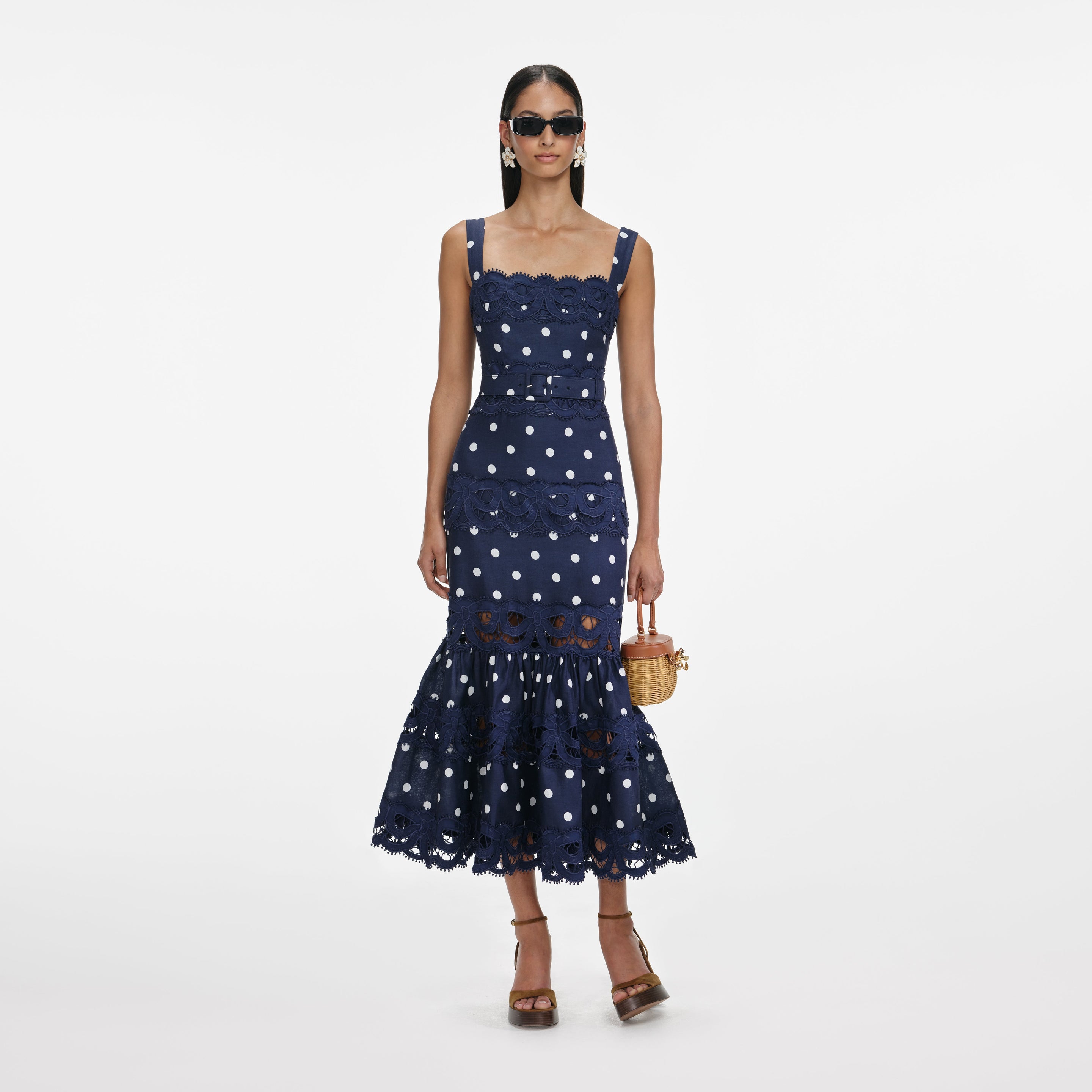 self-portrait - Navy Polka Dot Linen Midi Dress