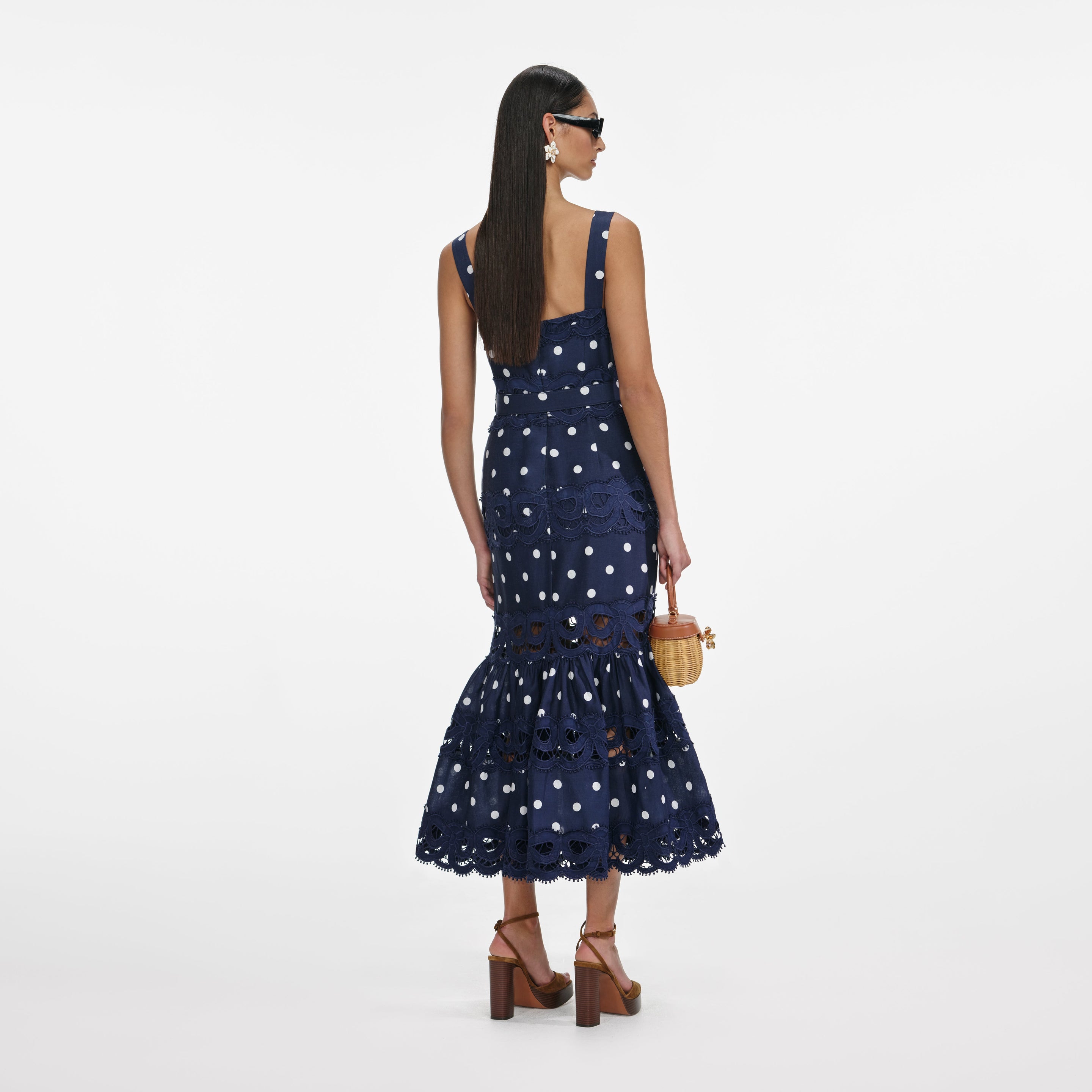 Berta | Navy And White Polka-Dot Square-Neck Midi Dress main image 1
