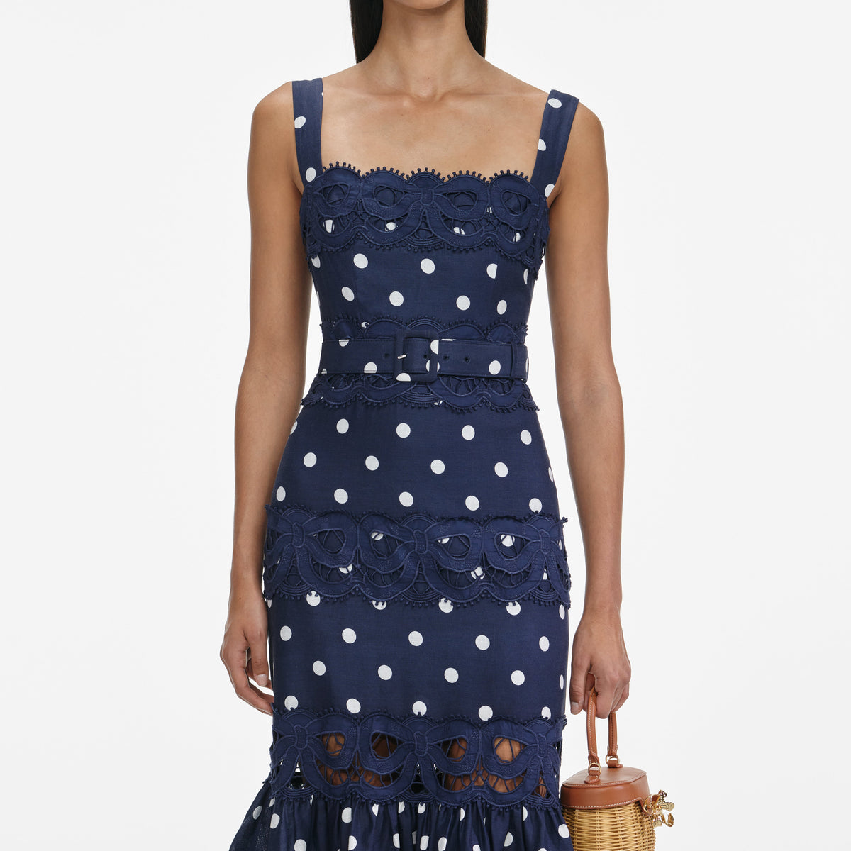 Navy Polka Dot Linen Midi Dress – self-portrait-US