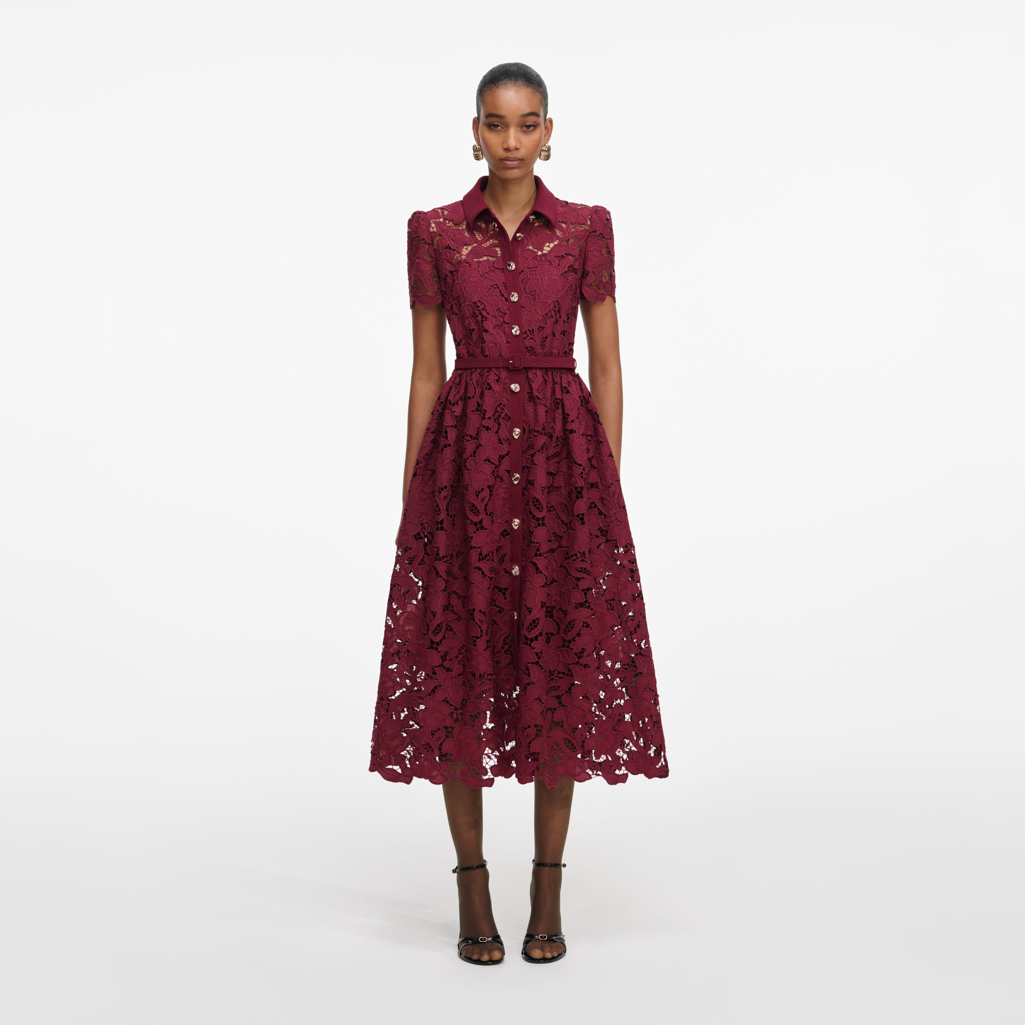 Burgundy Lace Collared Midi Dress