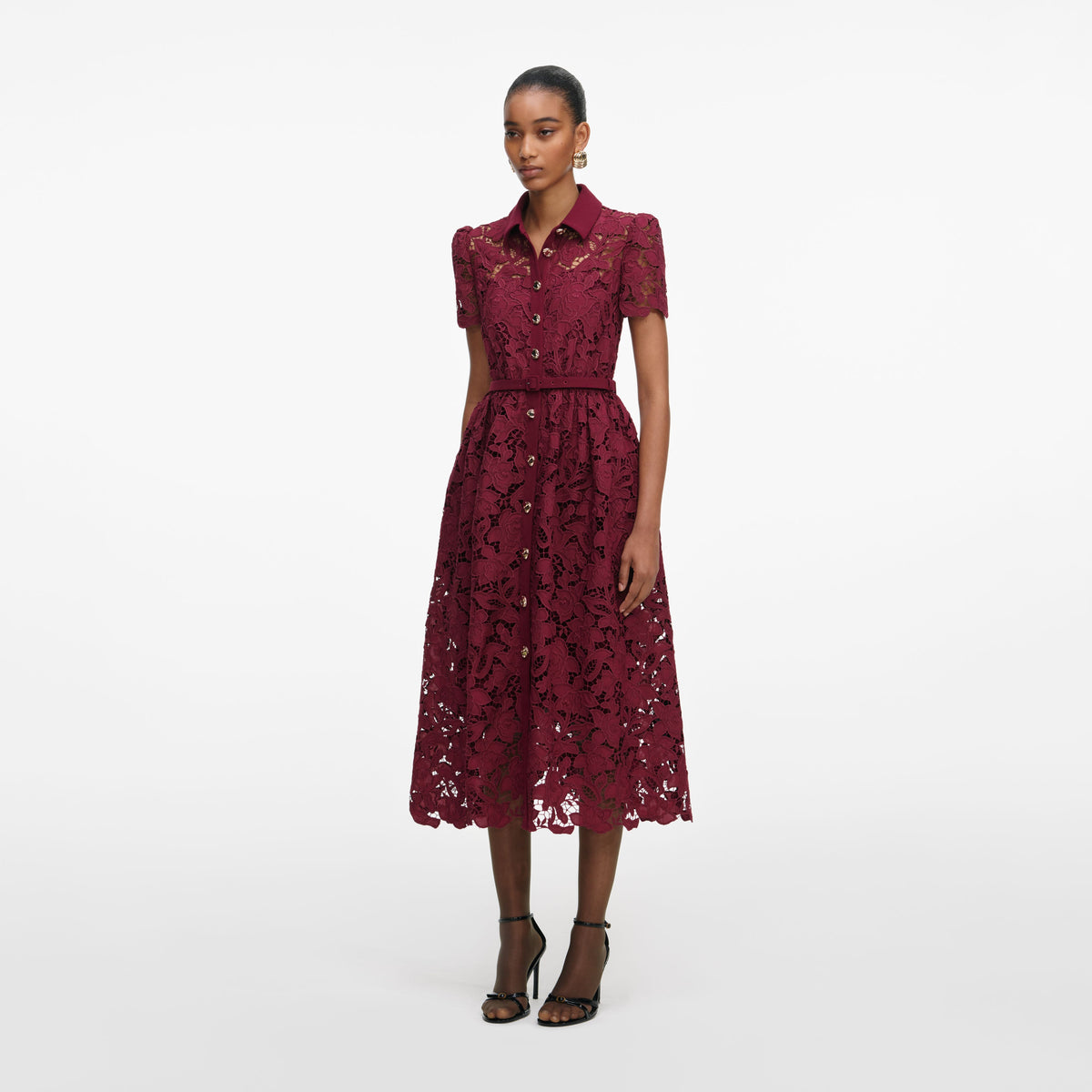 self-portrait - Burgundy Lace Collared Midi Dress - US 0 self-portrait - Burgundy Lace Collared Midi Dress - US 0