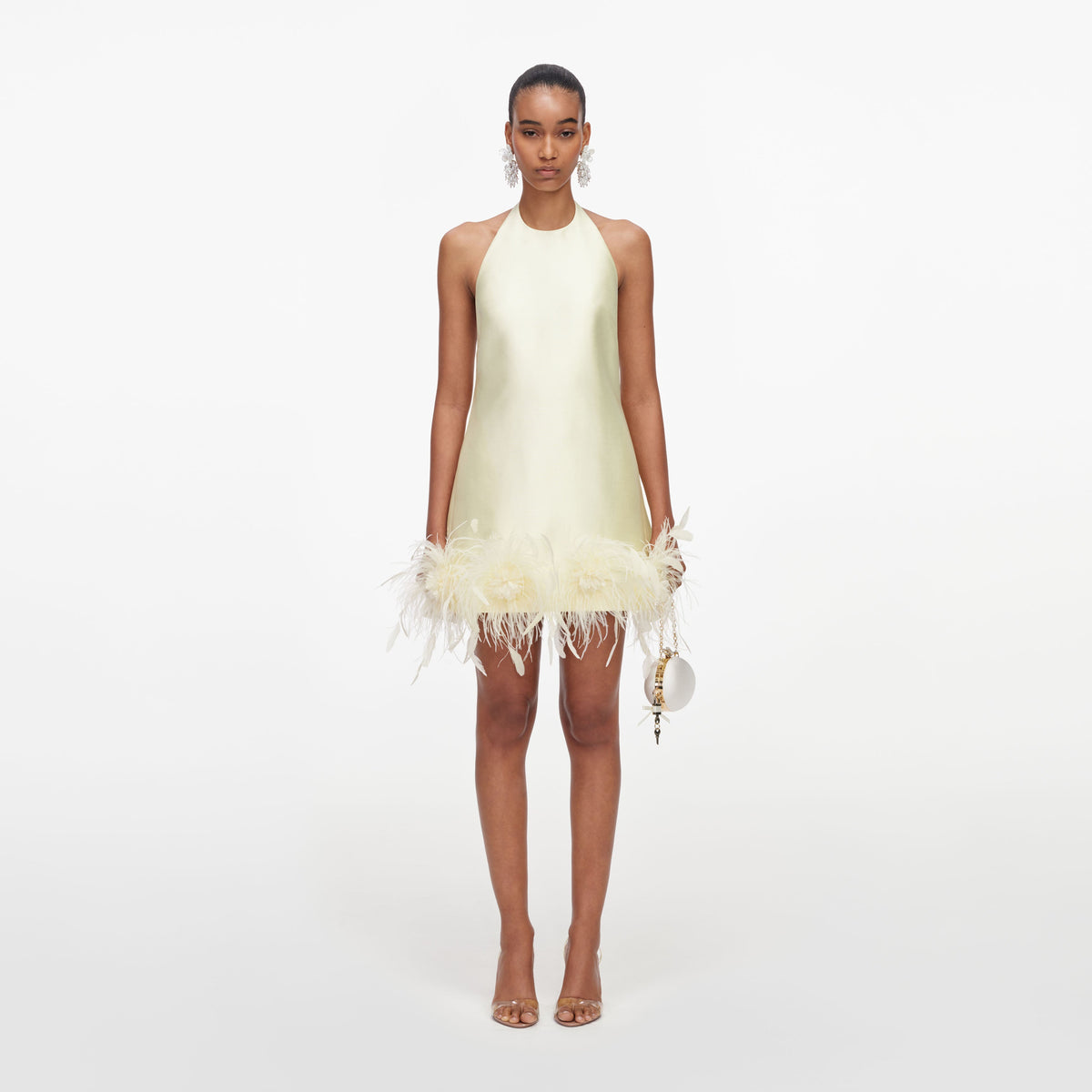 Yellow Taffeta Feather Trim Mini Dress