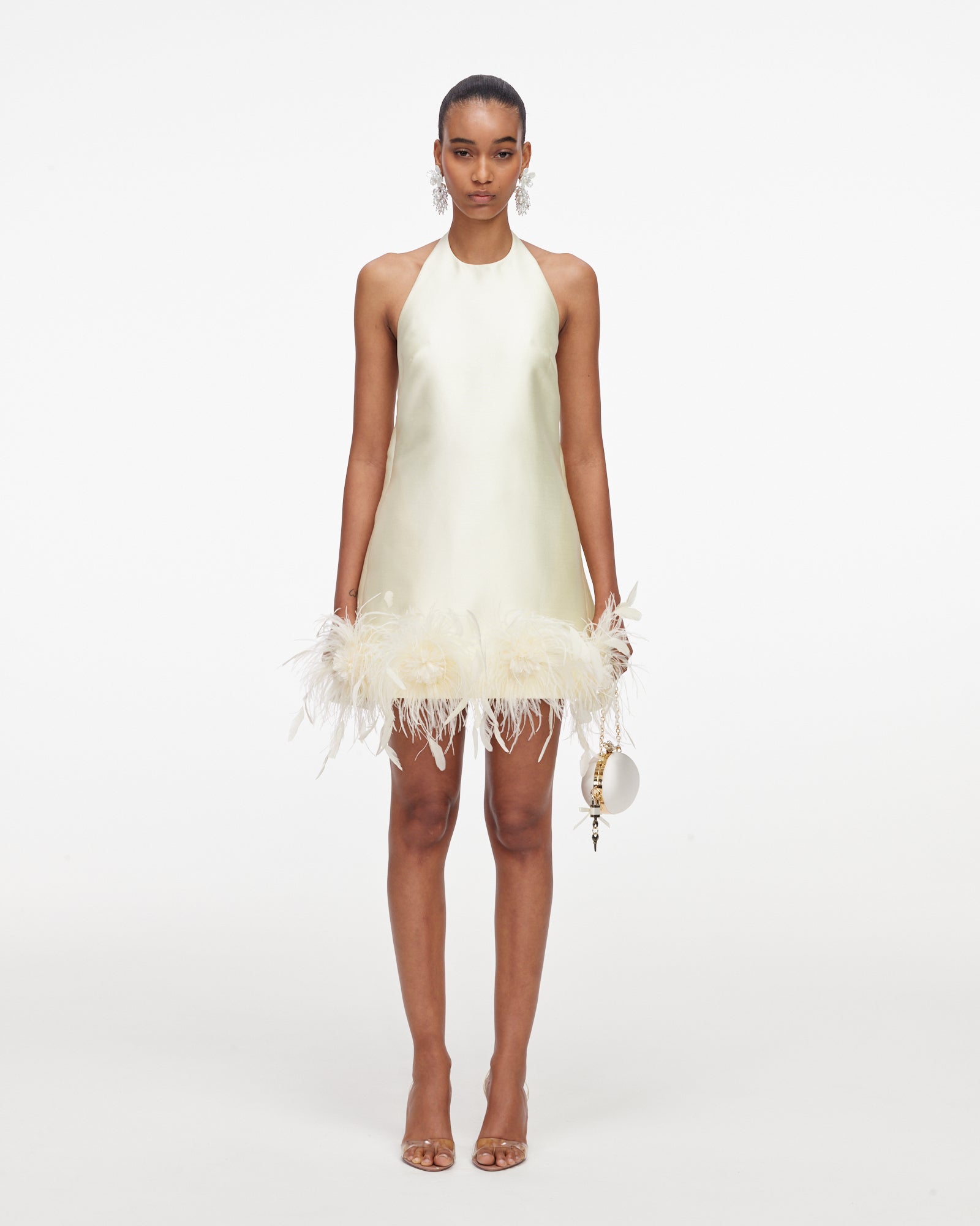 Yellow Taffeta Feather Trim Mini Dress
