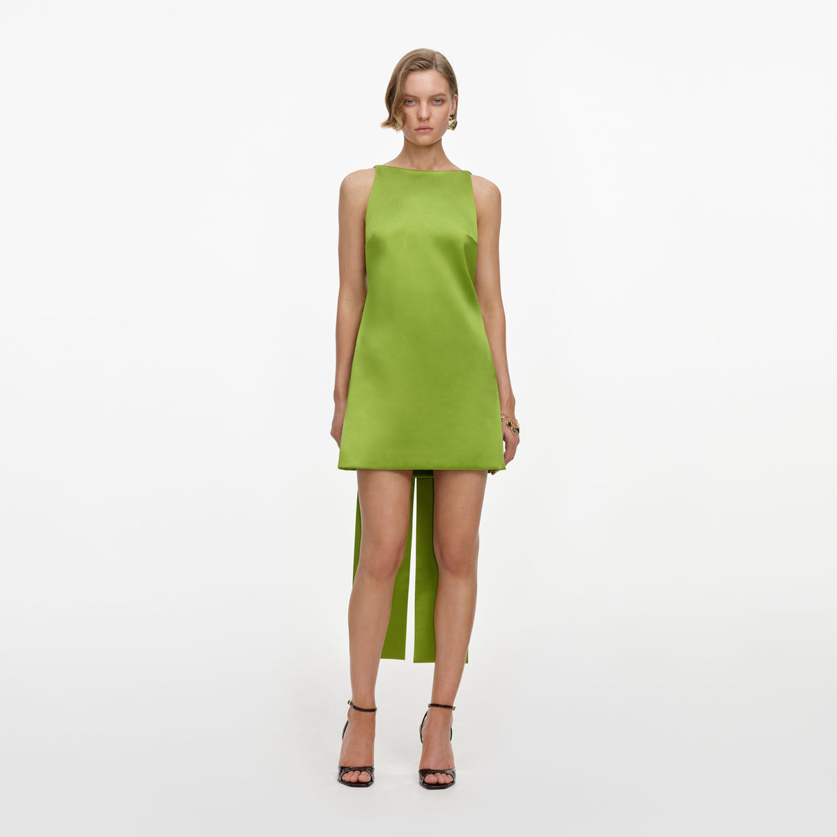 green bow mini dress Amely | Green Plunge-Neck Mini Dress With Bow-Detail