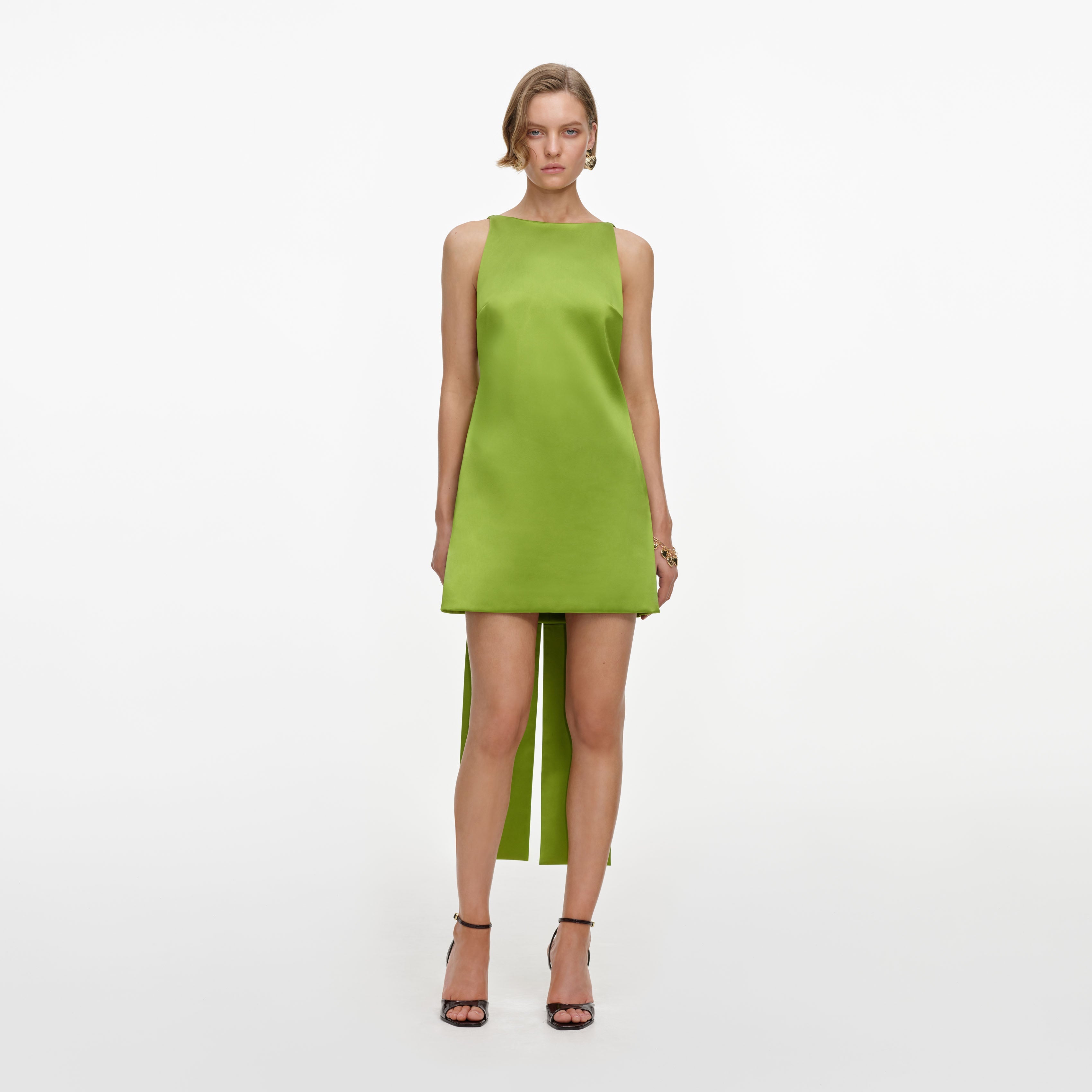 Green Satin Bow Mini Dress