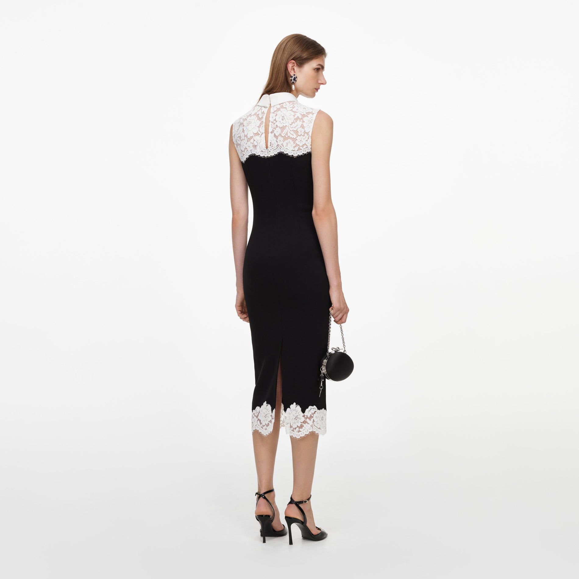 Black Contrast Lace Bodice Midi Dress