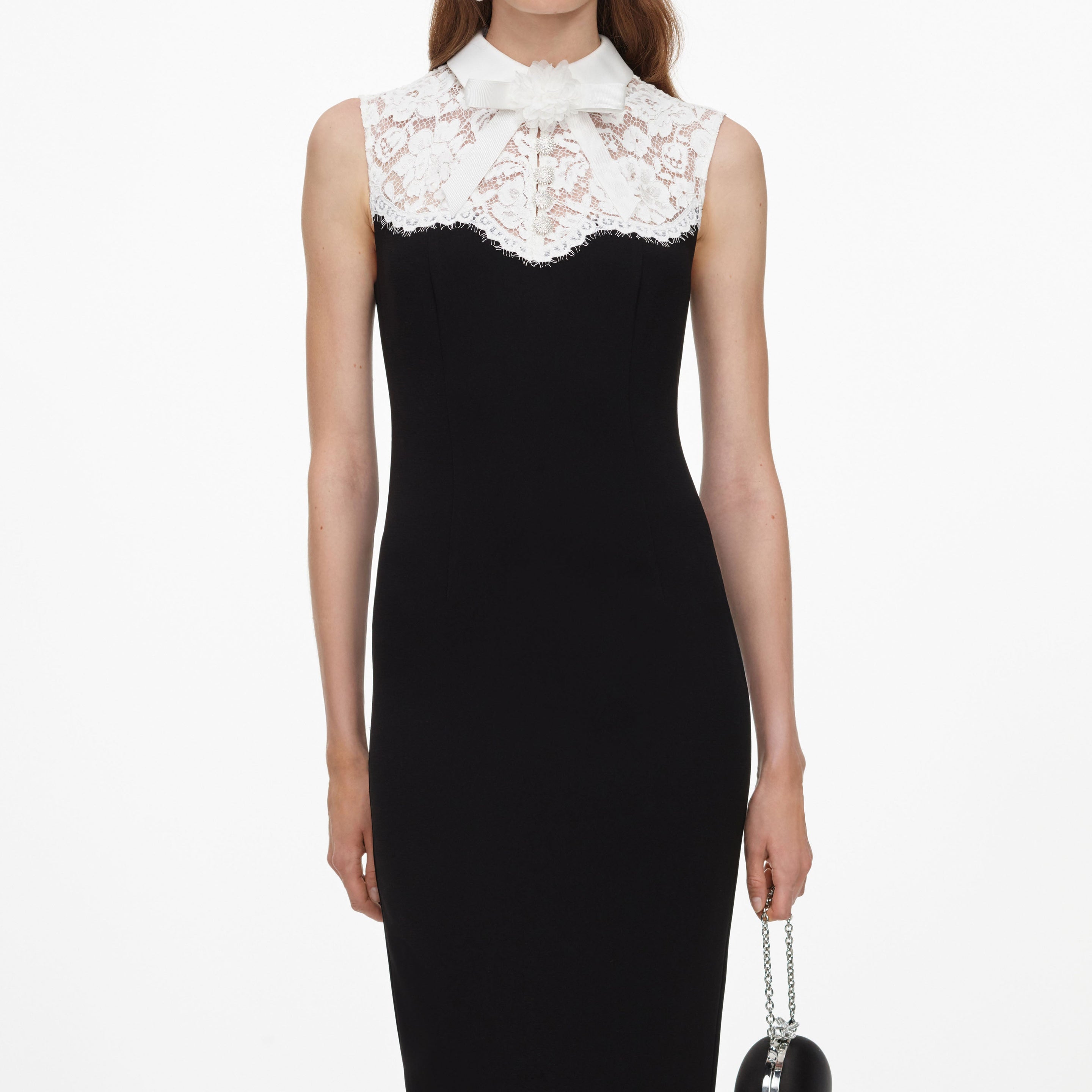 Black Contrast Lace Bodice Midi Dress – self-portrait-US