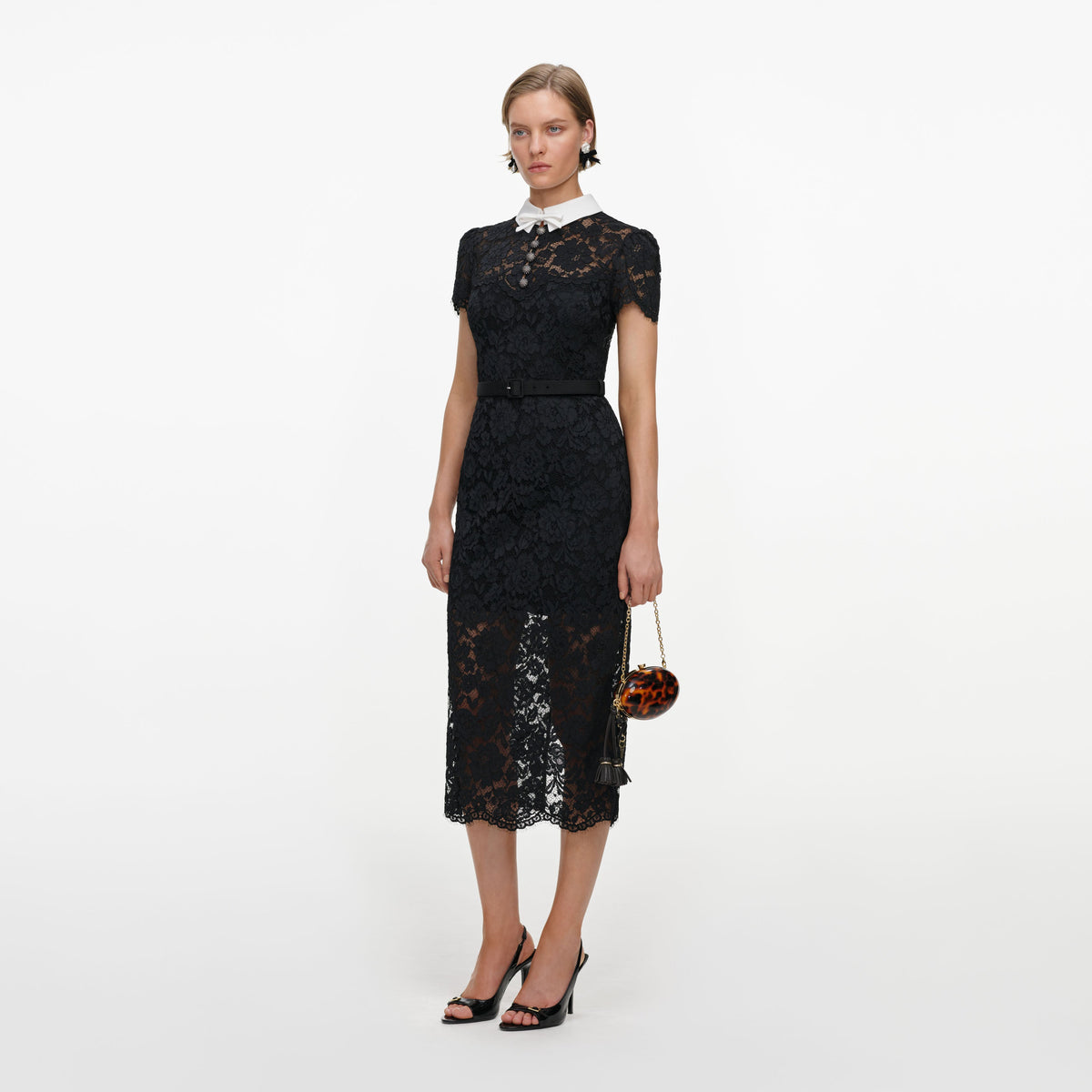 self-portrait - Black Lace Contrast Collar Midi Dress