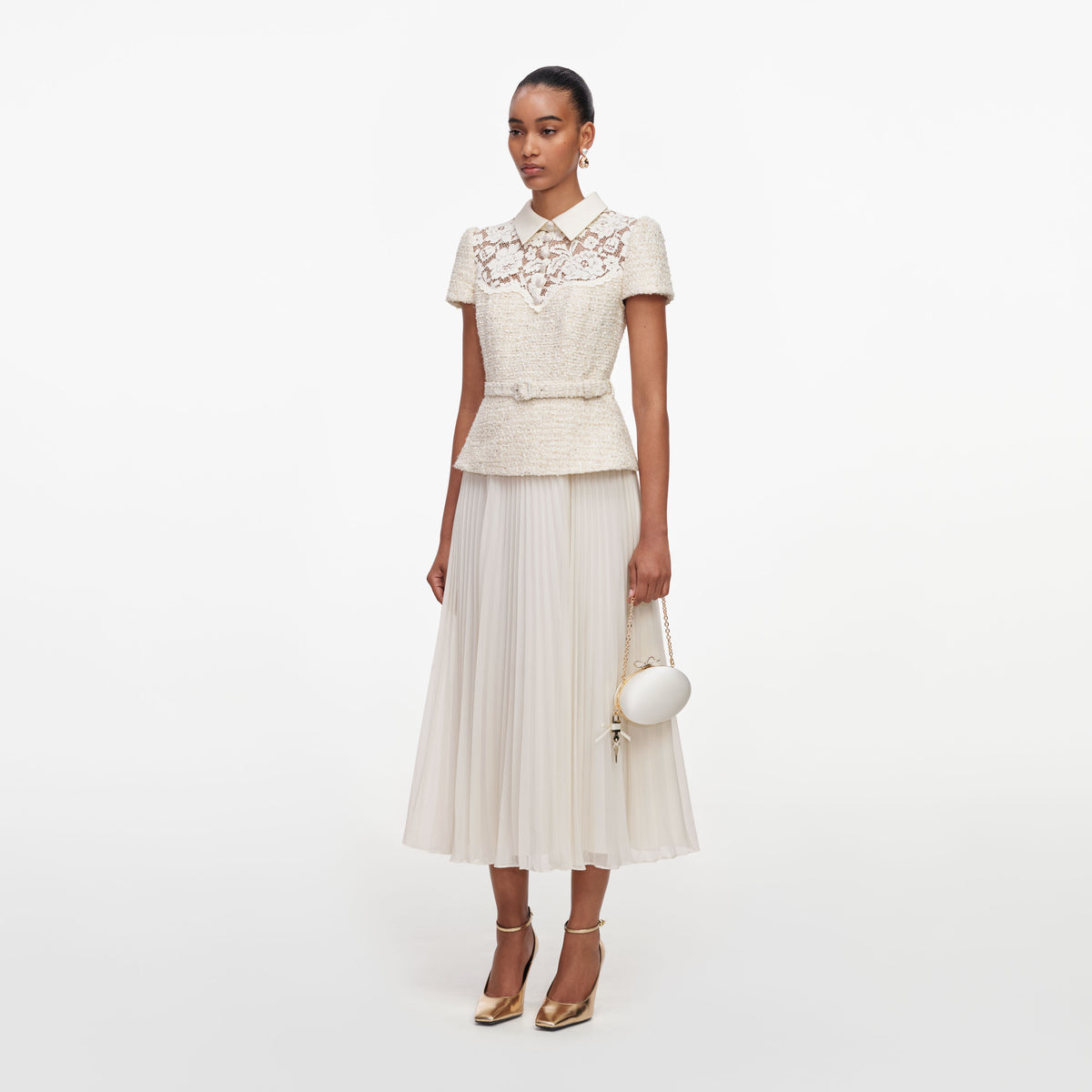Self-Portrait - Cream Lace Boucle Midi Dress