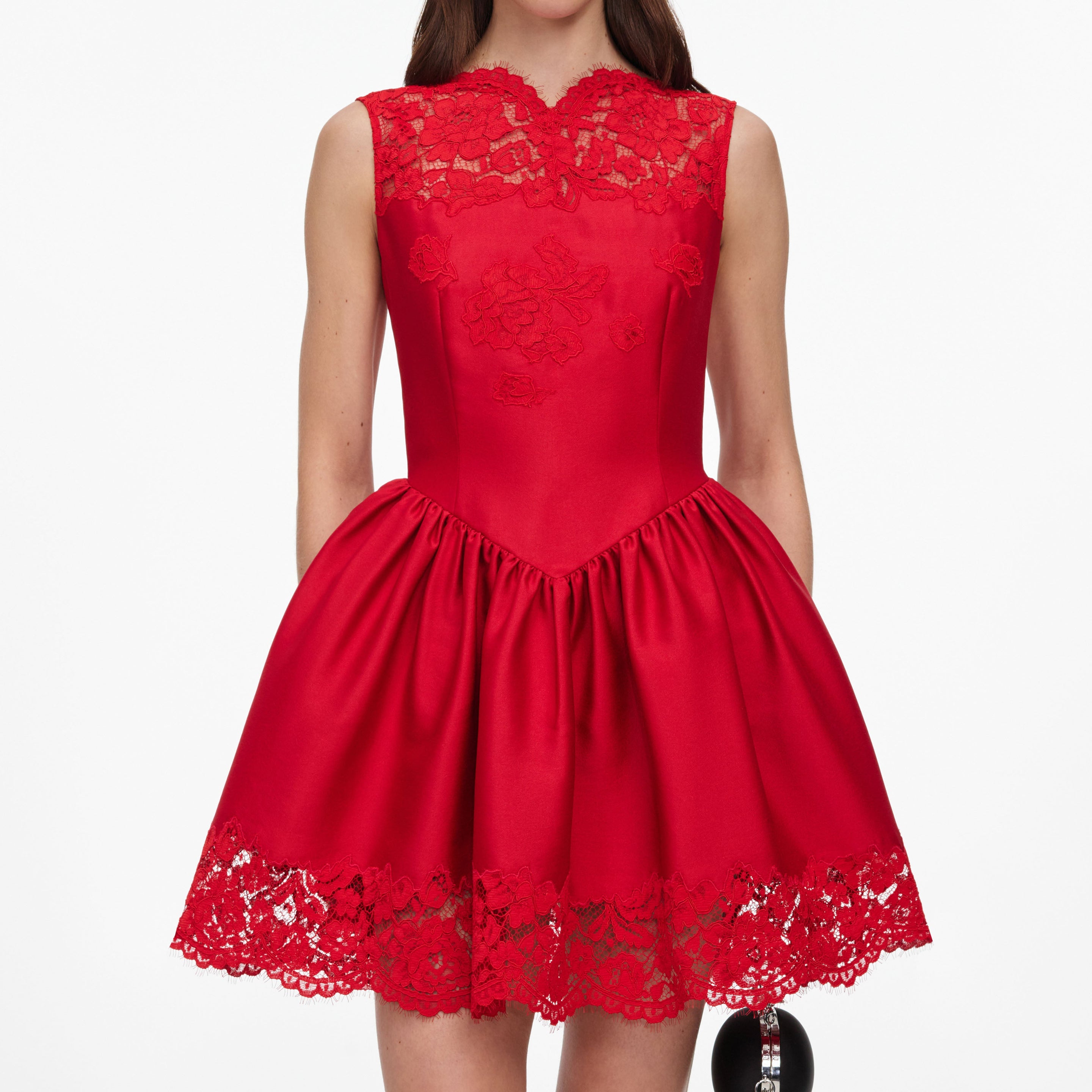 red richelieu mini dress Red Fine Lace Flared Mini Dress self-portrait-US
